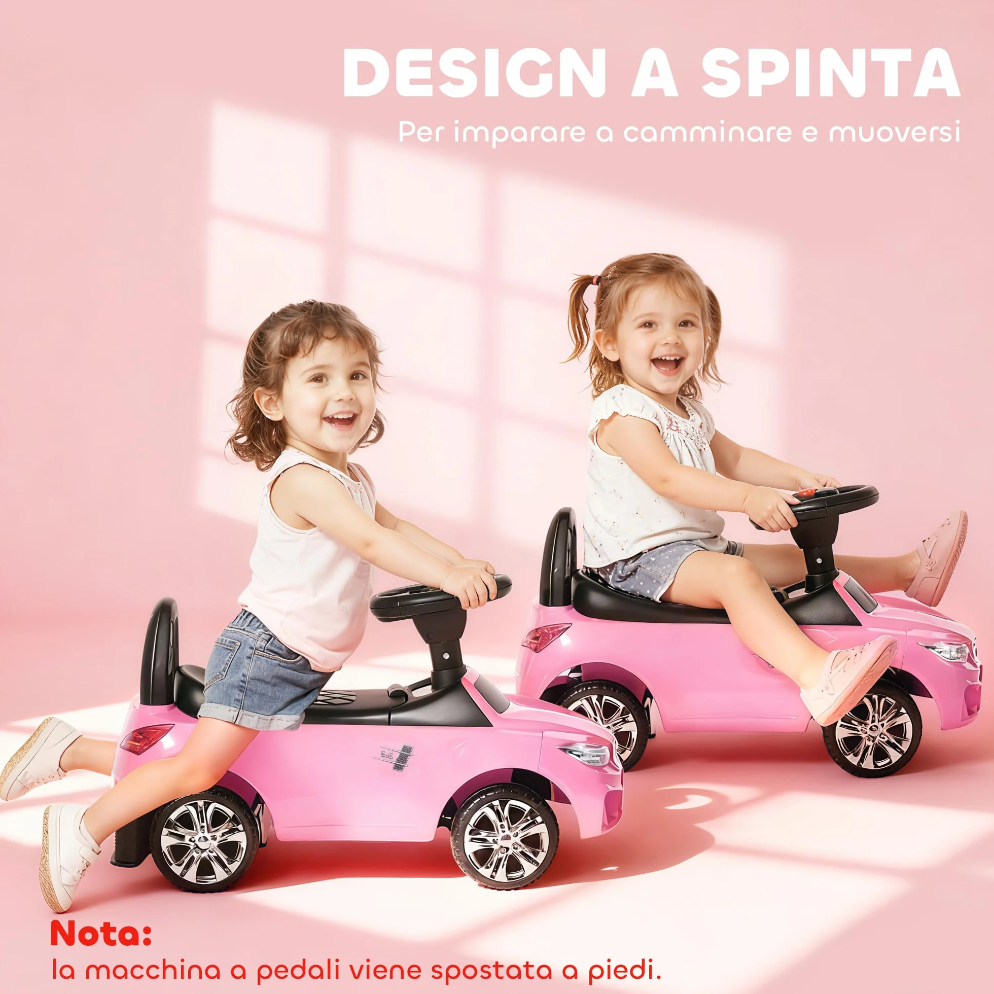 HOMCOM Coche Correpasillos para Niños de 18-36 Meses Andador Correpasillos con Faros Música Bocina Volante Espacio de Almacenaje y Asa para Empujar 63,5x28x36 cm Rosa