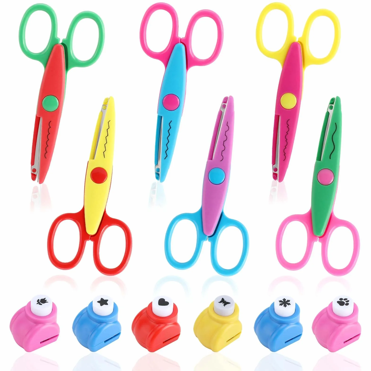 Juego de 6 tijeras para manualidades para niños, con 6 troqueles de papel, 6 formas de corte diferentes, juego de tijeras de papel para niños, guardería, principiantes, manualidades