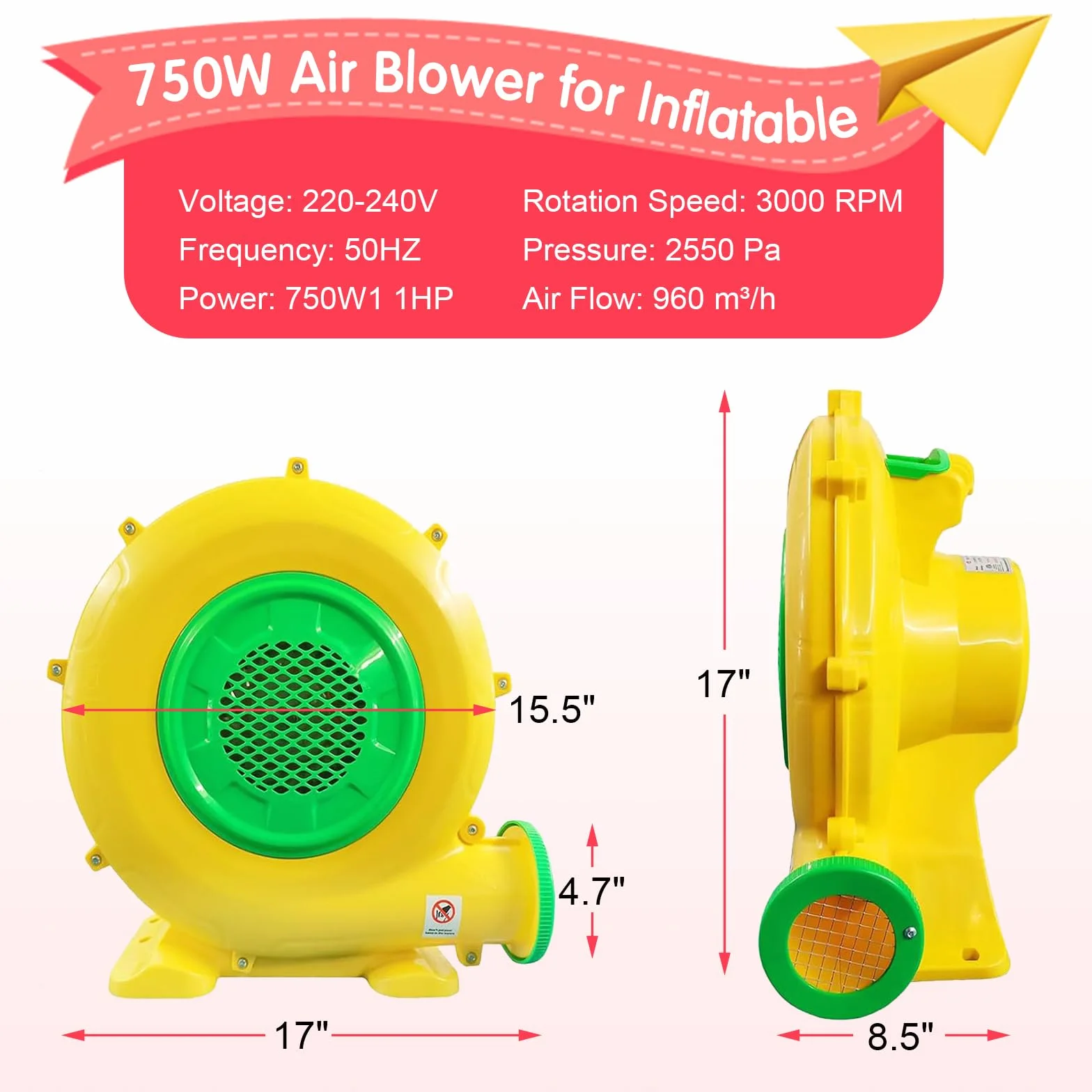 750W Soplador Eléctrico y Bomba de Aire con Mango y Estacas, Ventilador de Extracción Comercial para Castillo Hinchable, Castillo Inflable, Tobogán de Agua