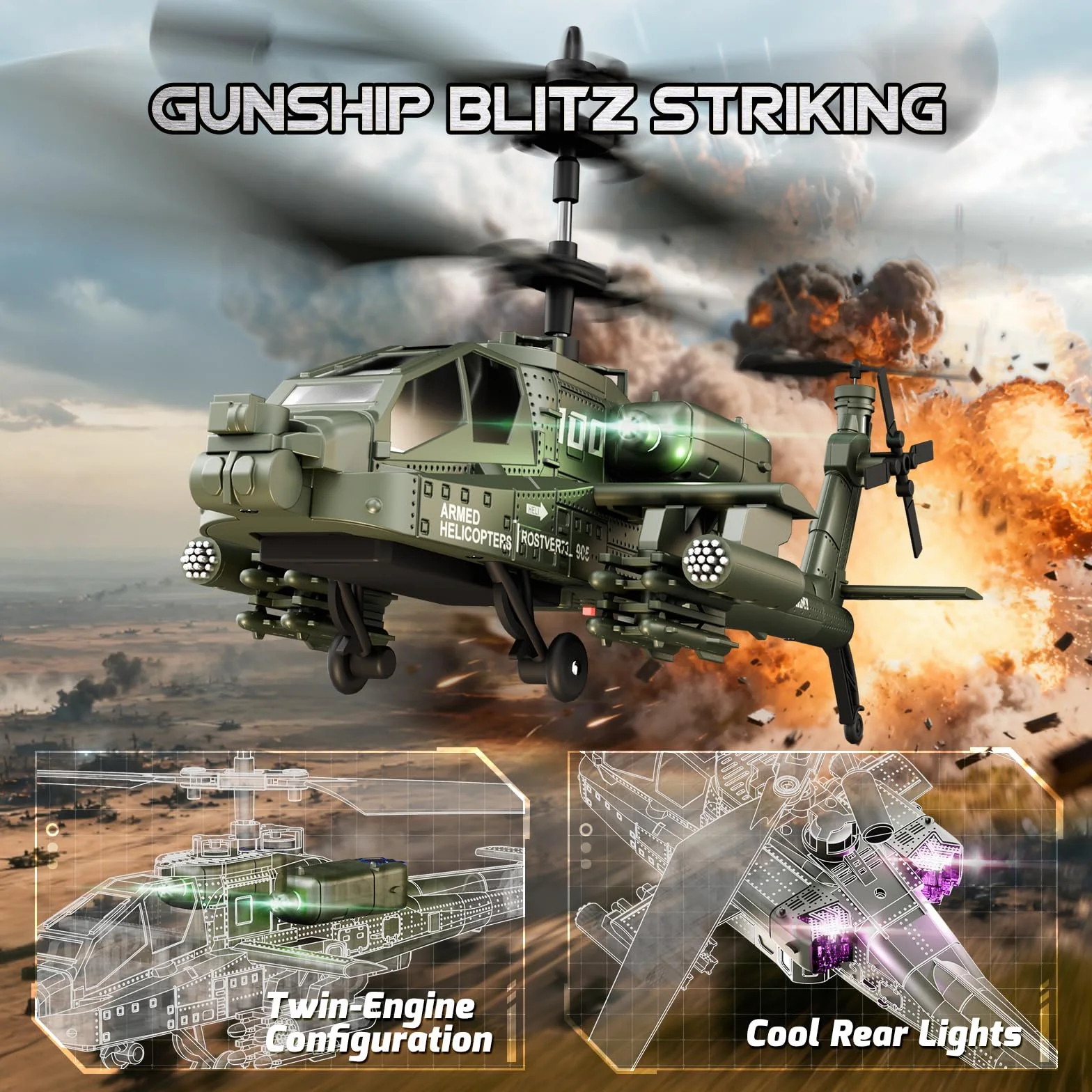 XIKOTEC Helicóptero Teledirigidos, RC Helicóptero, con Mantenimiento de Altitud, Giroscopio & Luz LED, 2 Baterías & Carga USB-C, Regalo para Niños de 8-12 Años (Verde)