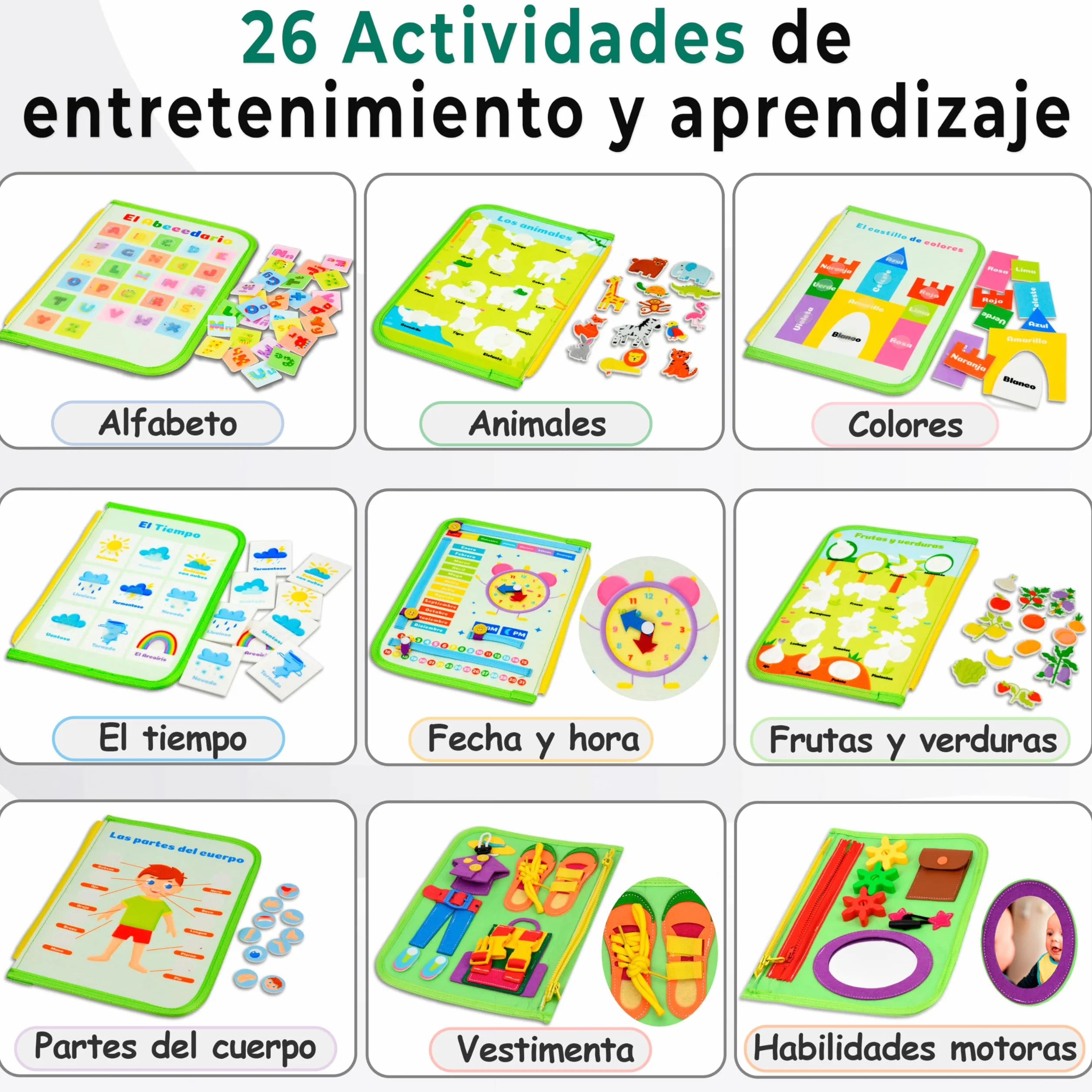 Busy Board Montessori Español | Libro Sensorial Montessori 10 Capas +26 Actividades | Juguetes Educativos 2 3 4 Años | Motricidad Fina | Maletín Busy Book Fieltro | Regalo Niño Niña