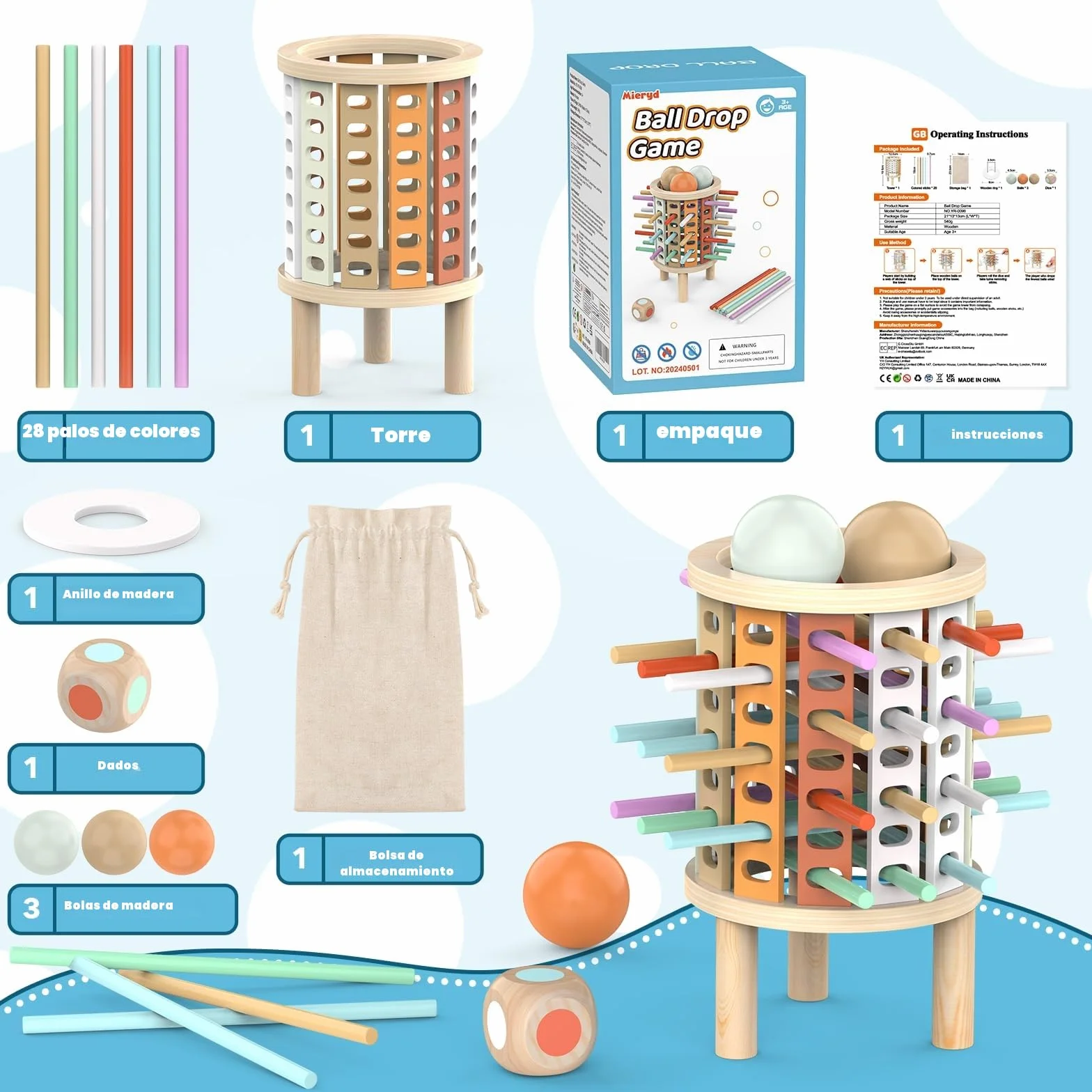 Montessori Juguetes con 28 Palitos de Coloridos Juegos de Mesa Niños Niñas 3 4 5 6 7 8 9 10 11 12 Años Regalo, Juego Educativo Familiar para Cognición y Habilidades Motoras Finas Torre de Madera