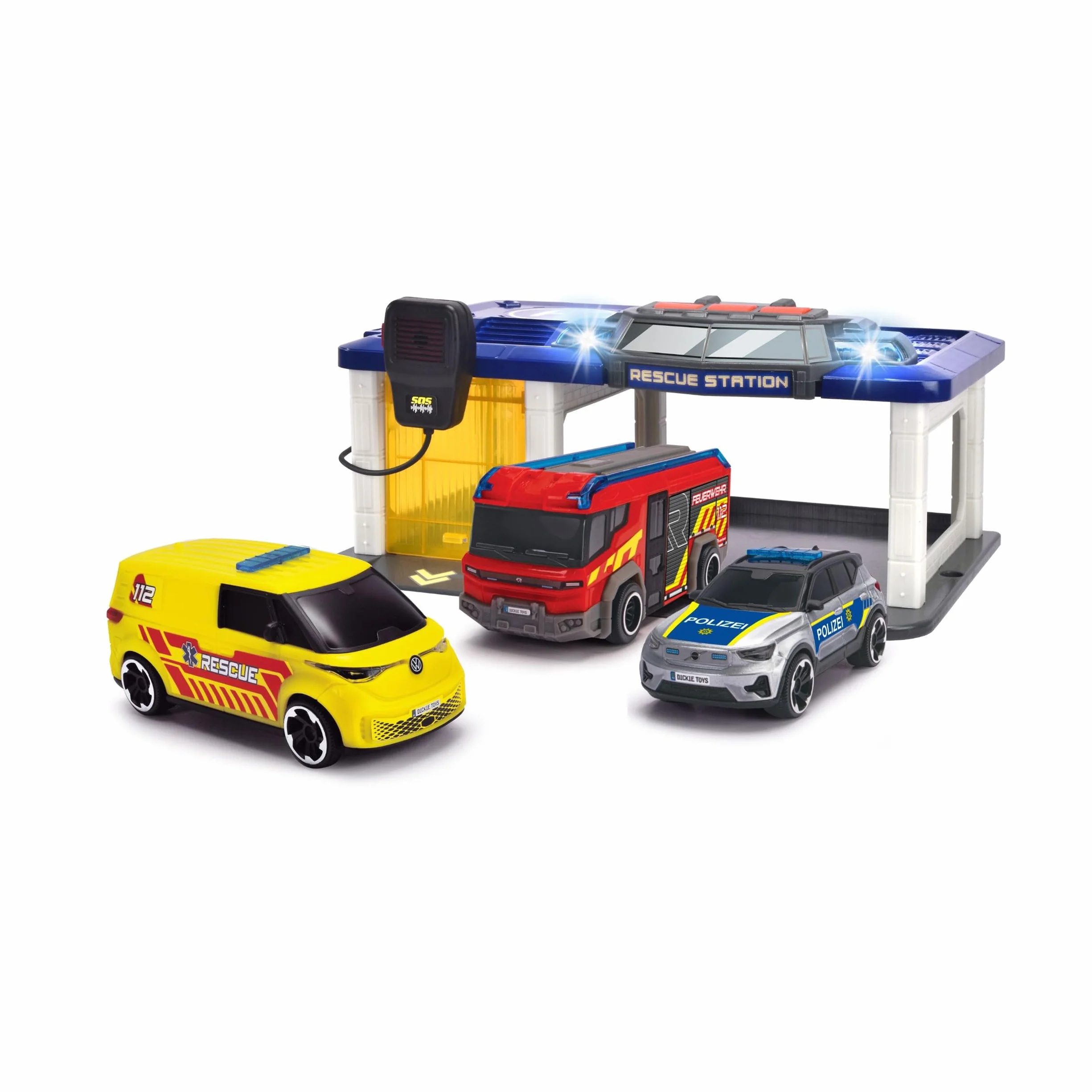 Dickie Toys - S.O.S Station para niños a Partir de 3 años (31 x 22 cm) con 3 Coches de Juguete (Coche de policía, Ambulancia, camión de Bomberos), estación de Bomberos y policía con luz y Sonido
