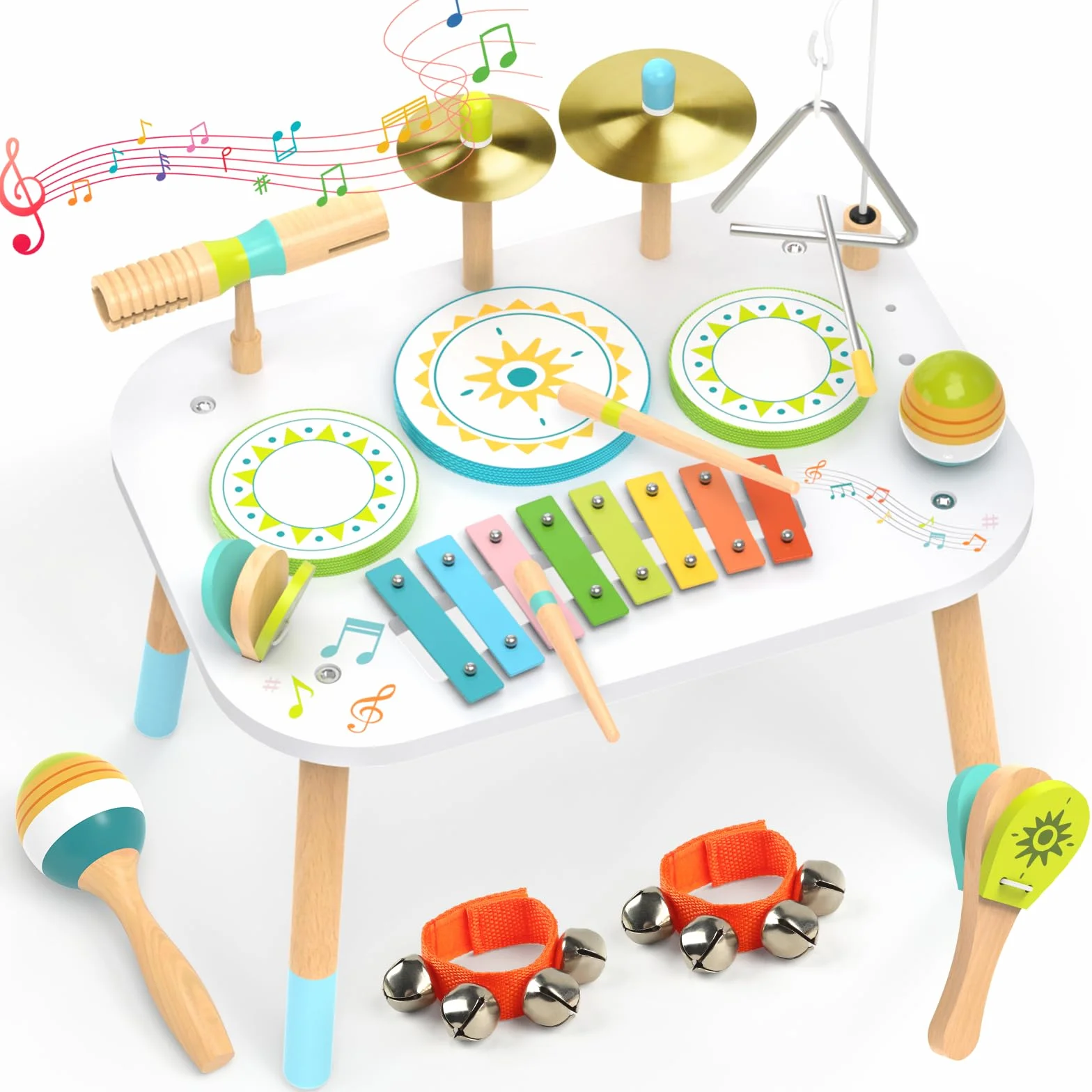 Batería 12‑en‑1 para Niños 1‑3 Años, Mesa Instrumentos Musicales Bebé, Juguetes Madera Montessori con Xilófono, Bongos, Platillo, Maracas & Cascabeles de Muñeca, Regalo Cumpleaños Niño Niña 1 2 3 Años