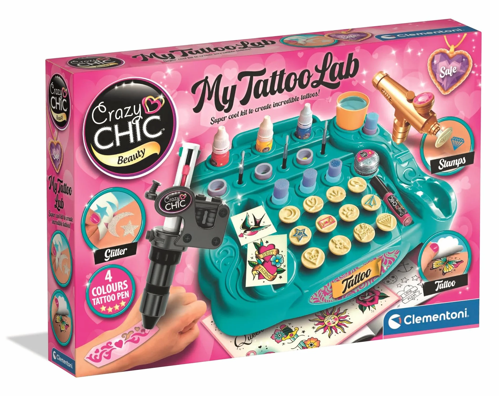 Clementoni Crazy Chic My Tattoo Lab Juegos creativos para niños kit crear tatuajes temporales personalizados colores brillantes plantillas accesorios 18260