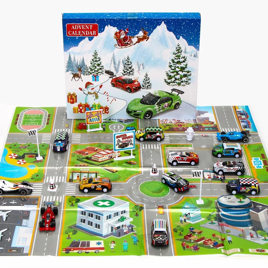 Sprinlot Calendario Adviento Coches, Juguetes de Carreras con Medalla Señales de Tráfico, Calendario Adviento Niños, Calendario de Cuenta Regresiva, Navidad Regalo para Niños Niñas
