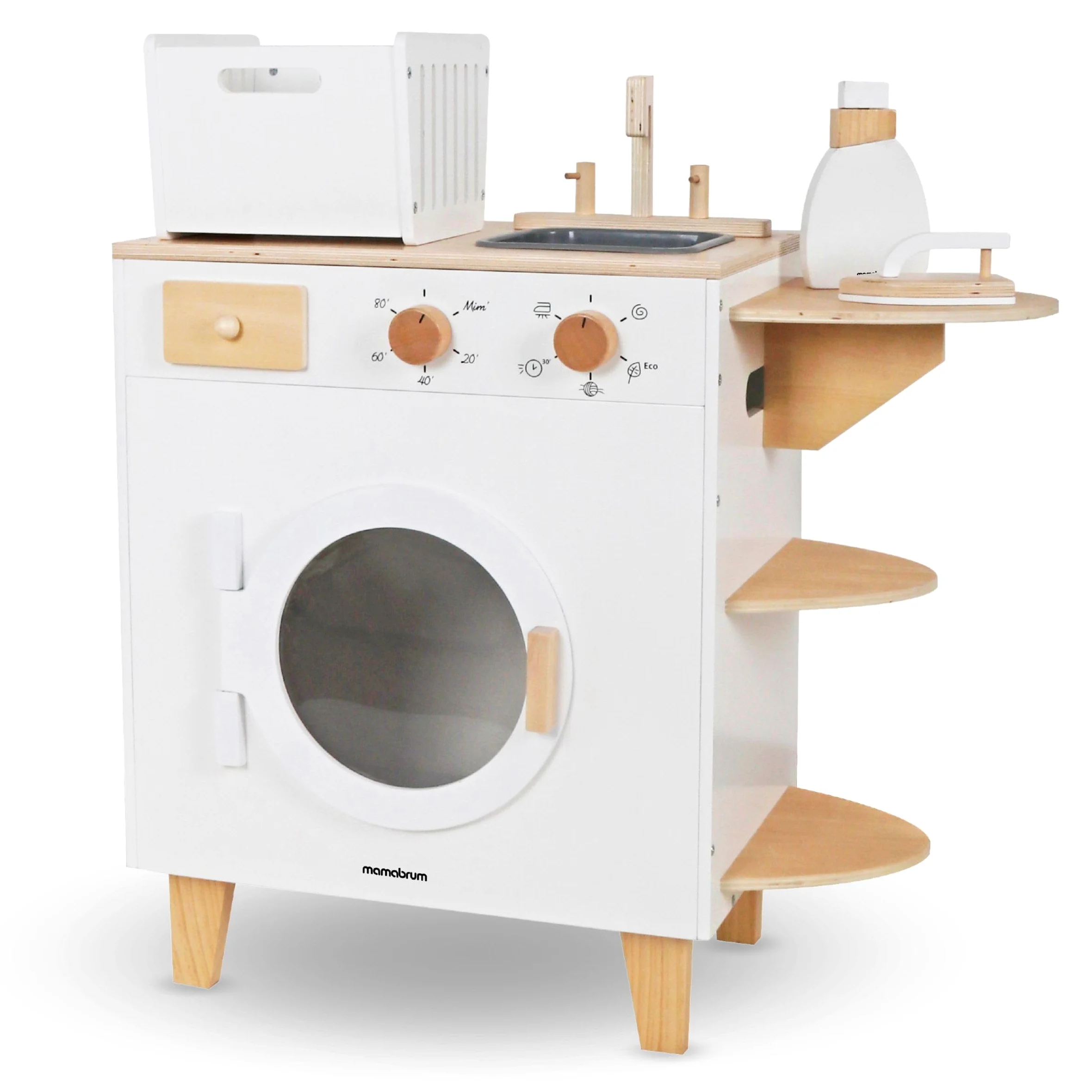 Mamabrum Lavadora Juguete Madera con Tabla Planchar, Cesto y Accesorios - Set Limpieza Juguete para Niños +3 Años - Incluye Escoba y Fregona - 65 x 29,5 x 68 cm