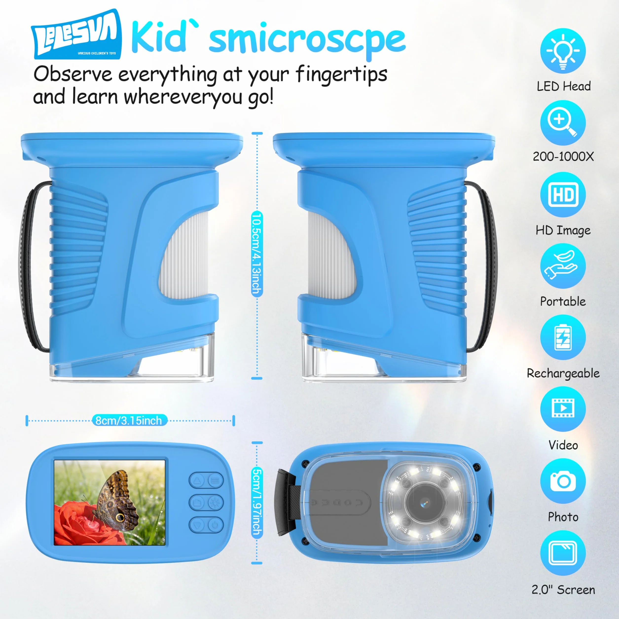 Microscopio Infantil con Pantalla Mejorada de 2.4" y resolución 4K Mini microscopio portátil de Bolsillo (1000X) Juguete Educativo Stem de Ciencia, cumpleaños (Azul)