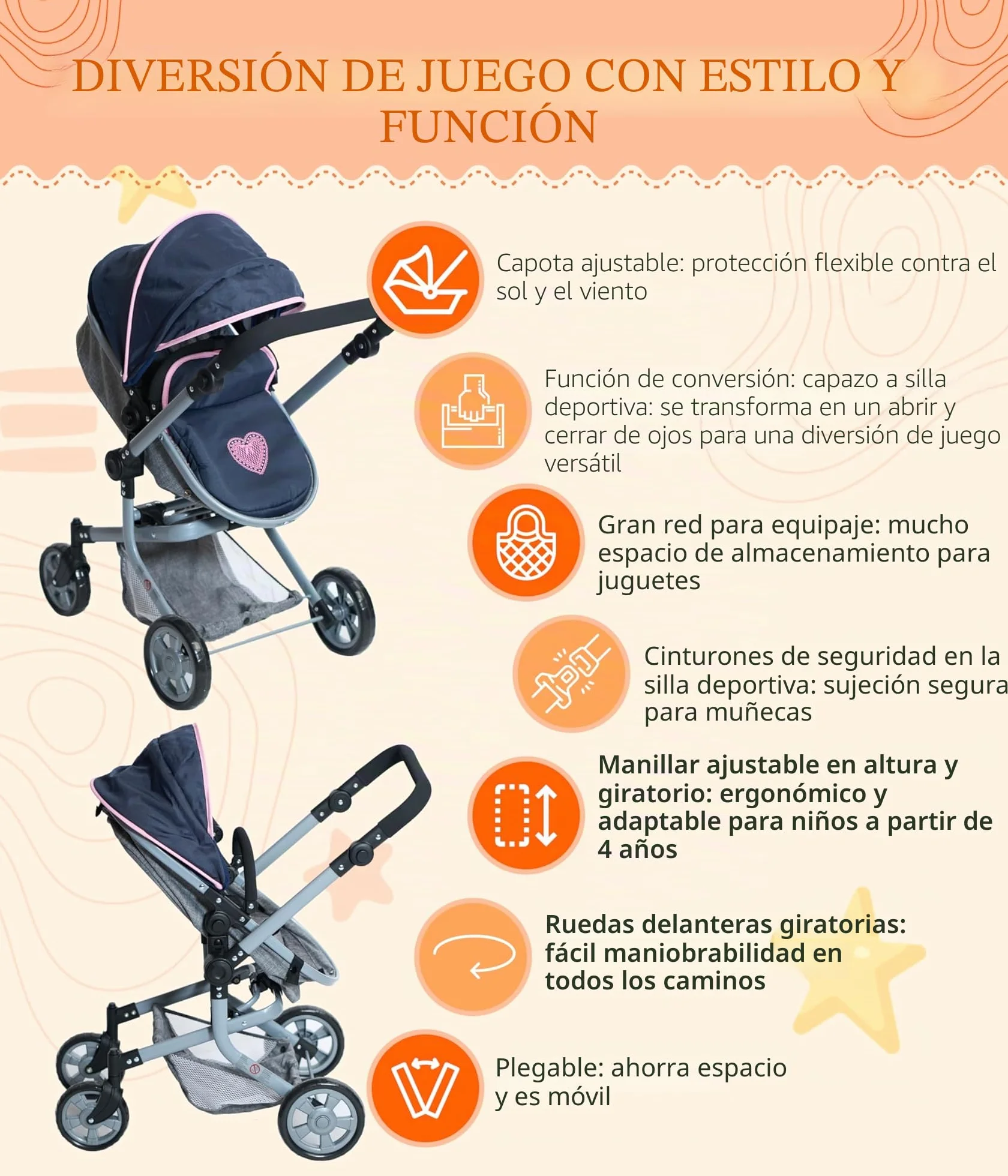 Bayer Chic 2000 - Cochecito de muñecas Mika, 2 en 1 para niños de 4 a 8 años, Color Gris y Azul Marino