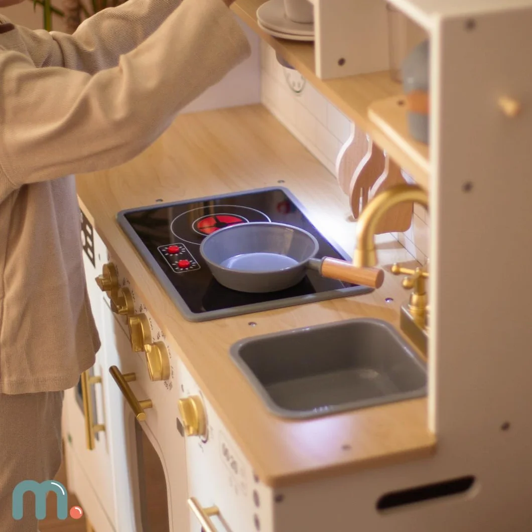 Mamabrum Cocina de Juguete para Niños de Madera con Luces LED - Juguetes Cocina Niños Interactiva con Altura Ajustable - Incluye Microondas, Lavavajillas y Accesorios - 104cm