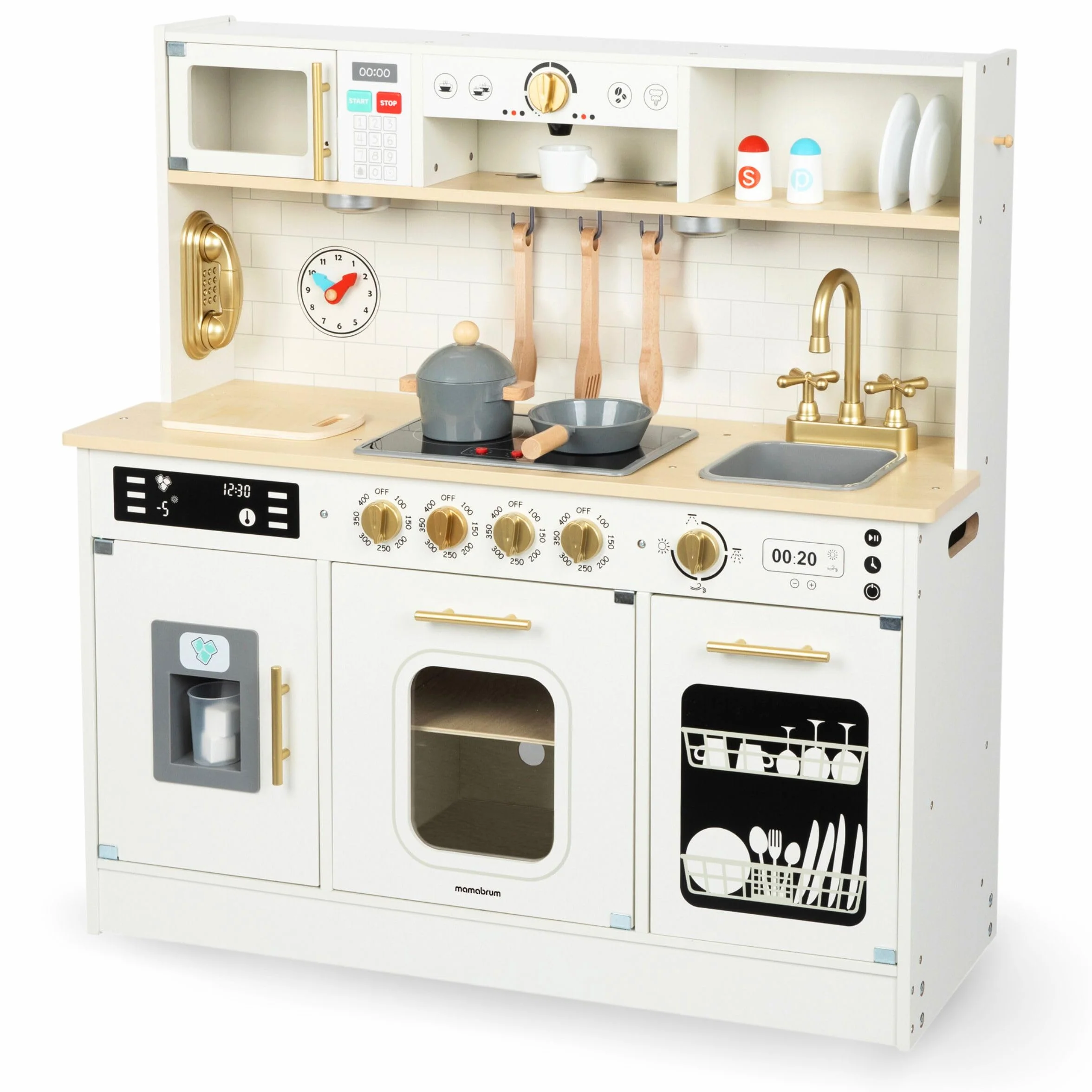 Mamabrum Cocina de Juguete para Niños de Madera con Luces LED - Juguetes Cocina Niños Interactiva con Altura Ajustable - Incluye Microondas, Lavavajillas y Accesorios - 104cm