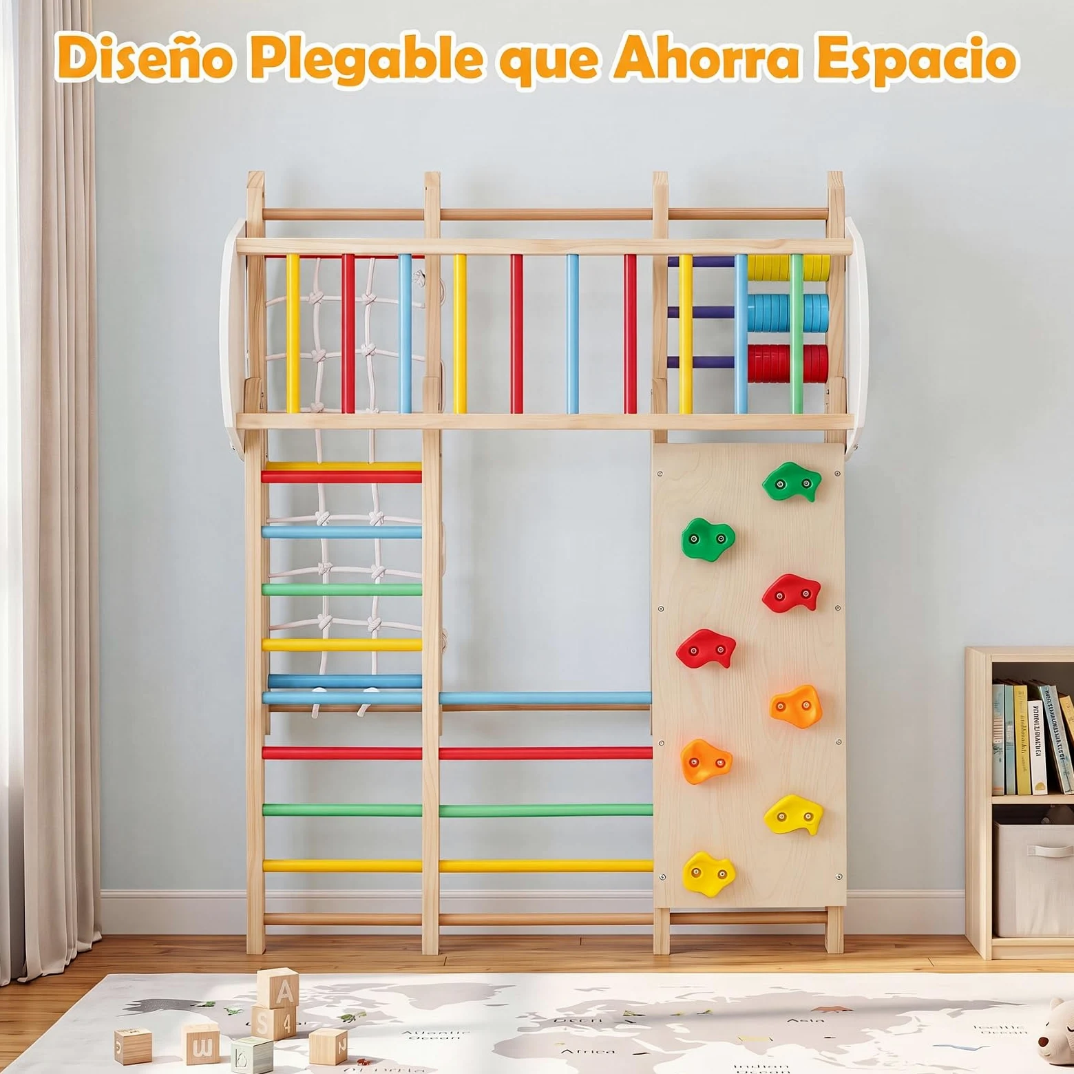 COSTWAY 8 en 1 Estructura de Escalada para Niños,Madera Maciza (Multicolor) | Juego de Escalada Montessori con Pared de Escalada, Barras de Mono y Columpio para Habitación Infantil Sala de Juego