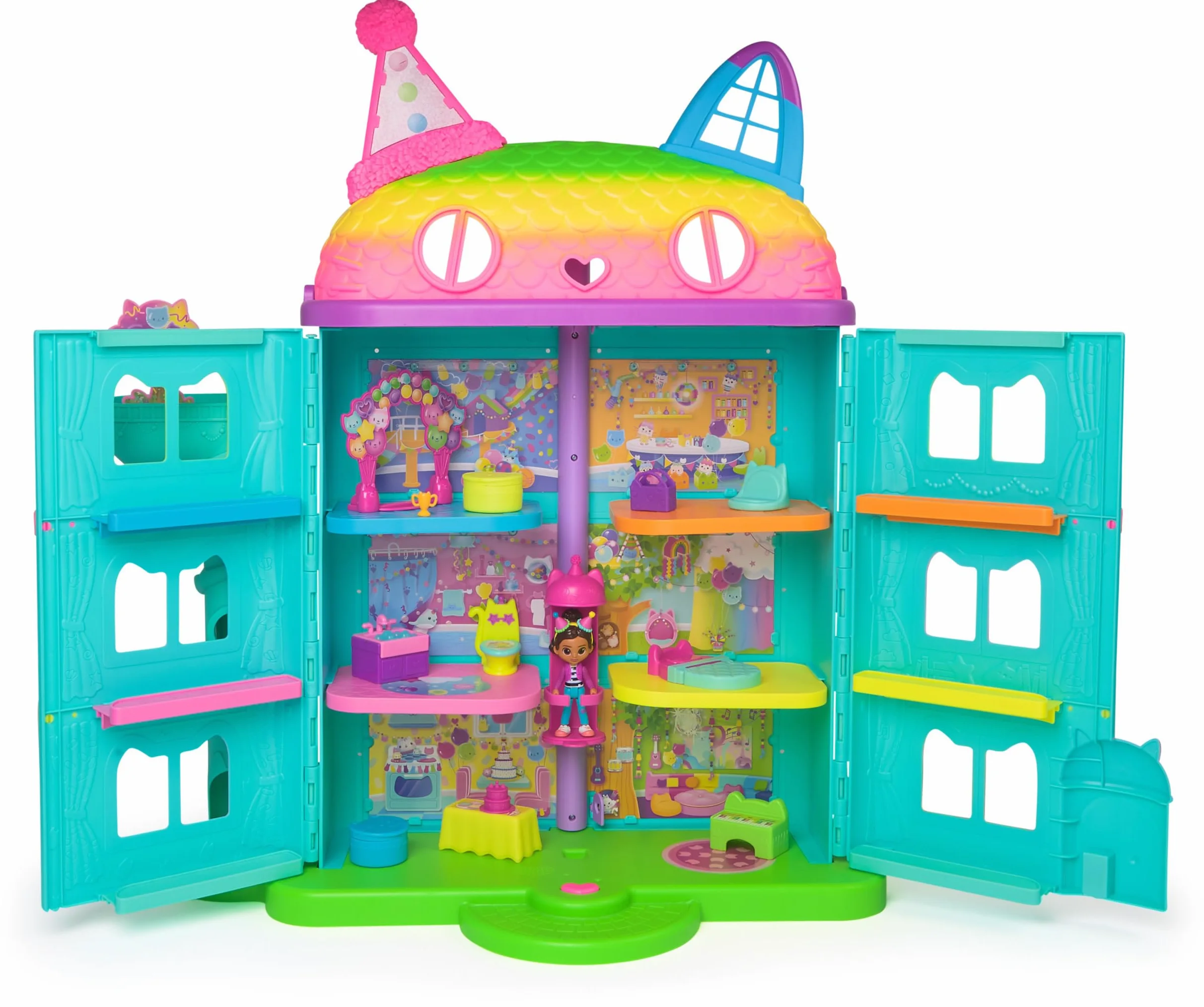 LA CASA DE MUÑECAS DE GABBY - CASA DE MUÑECAS FESTIVA GABBY'S DOLLHOUSE CON SONIDOS, FIGURA, 14 ACCESORIOS ARCOIRIS Y 2 CAJAS SORPRESA - 6070742 - Juegos Infantiles - Juguetes Niños 3 años +