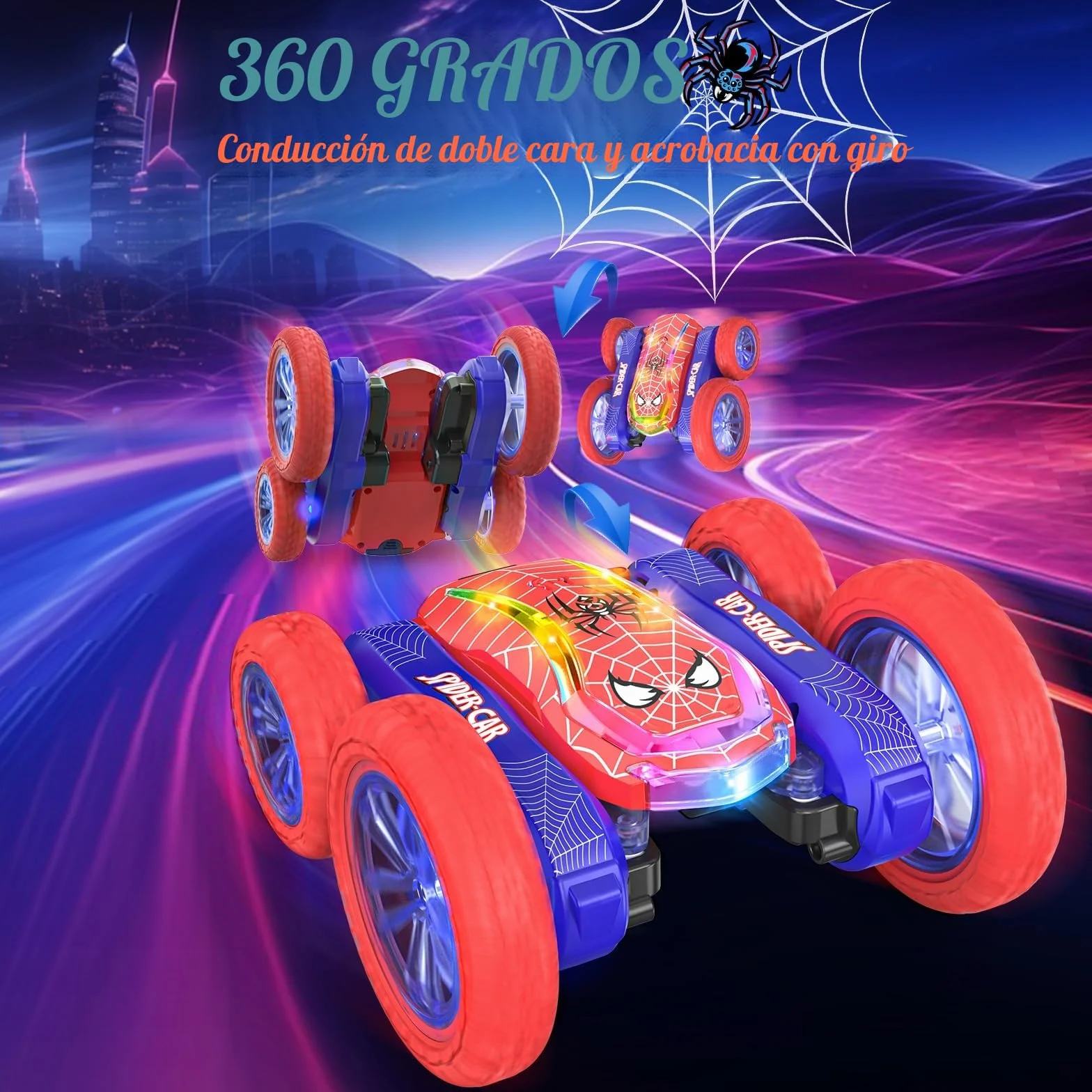 Coche Teledirigido Niños 4 5 6 7 8 9 10 Años, Spider Juguete Monster Truck RC Carro Radiocontrol Acrobático con Espectáculo de Luz, Remote Car Regalo Niña Cumpleaños Navidad Juego Infantiles Exterior