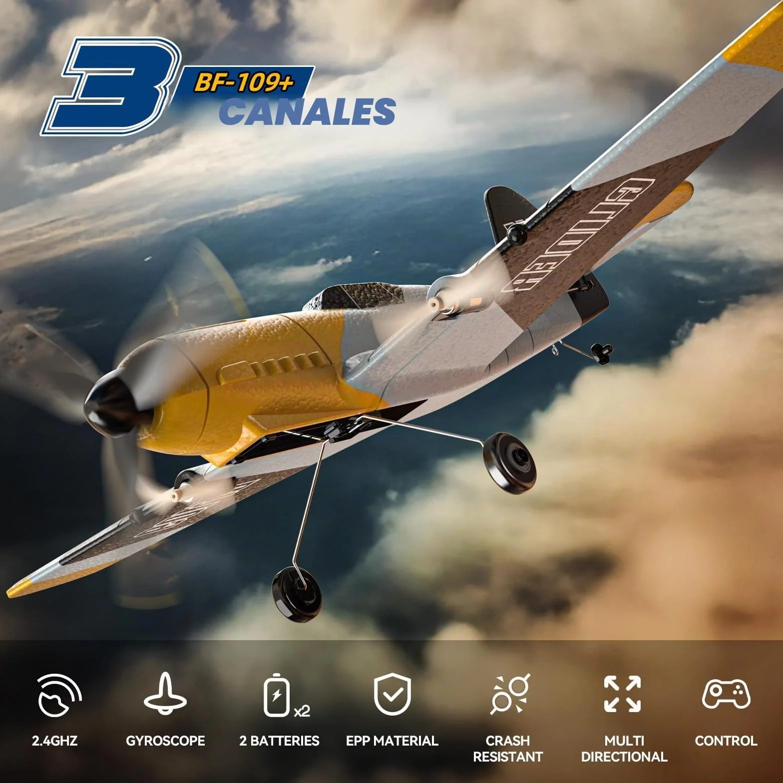 DEERC Avión RC de 3 Canales BF-109 RC Fighter Toy, 2,4 GHz, estabilizador giroscópico de 6 Ejes, Planeador RTF con 2 baterías, Adecuado para Adultos, niños, Principiantes para Volar…