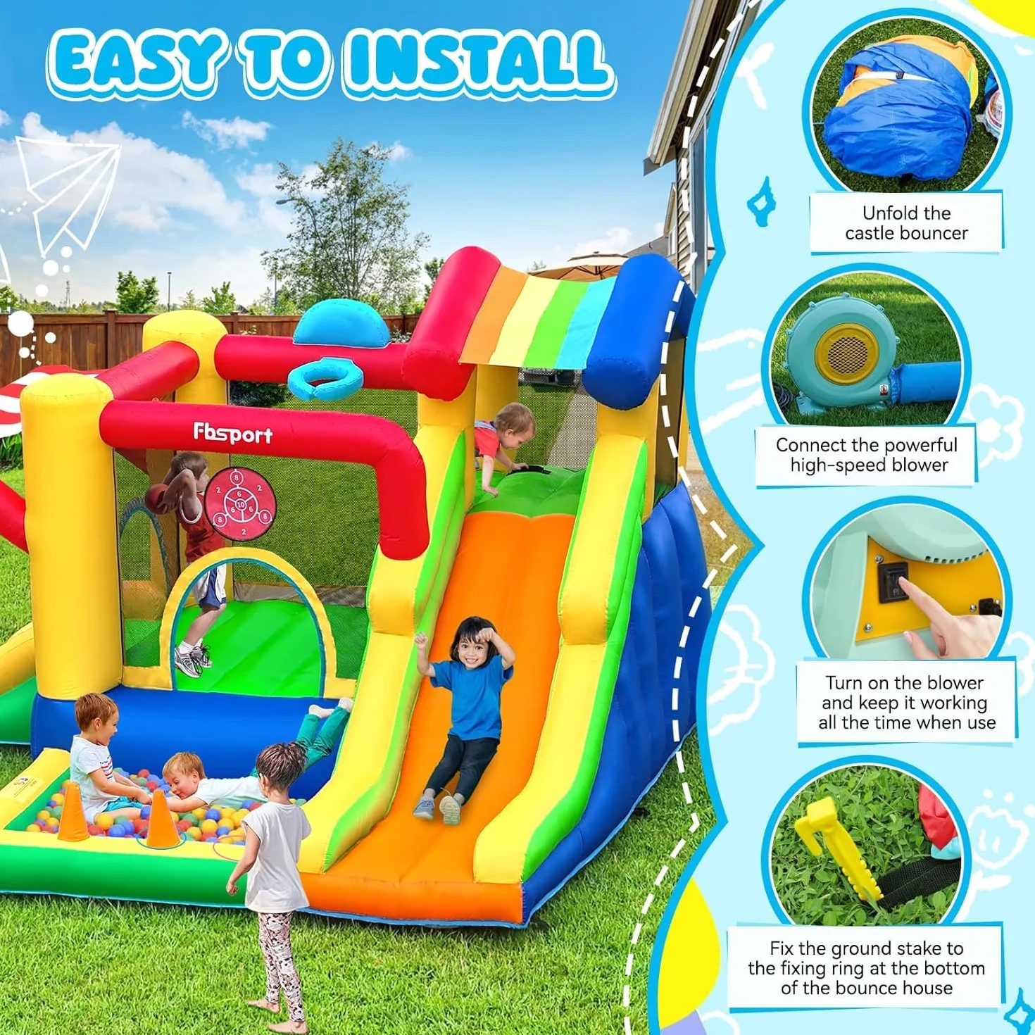FBSPORT Castillo Hinchable para Niños con Doble Tobogán, Trampolín, Piscina de Bolas, Lanzamiento de Bolas, Muro de Escalada y Canasta de Baloncesto, para Jardín Interior Exterior, 322×305×208 cm