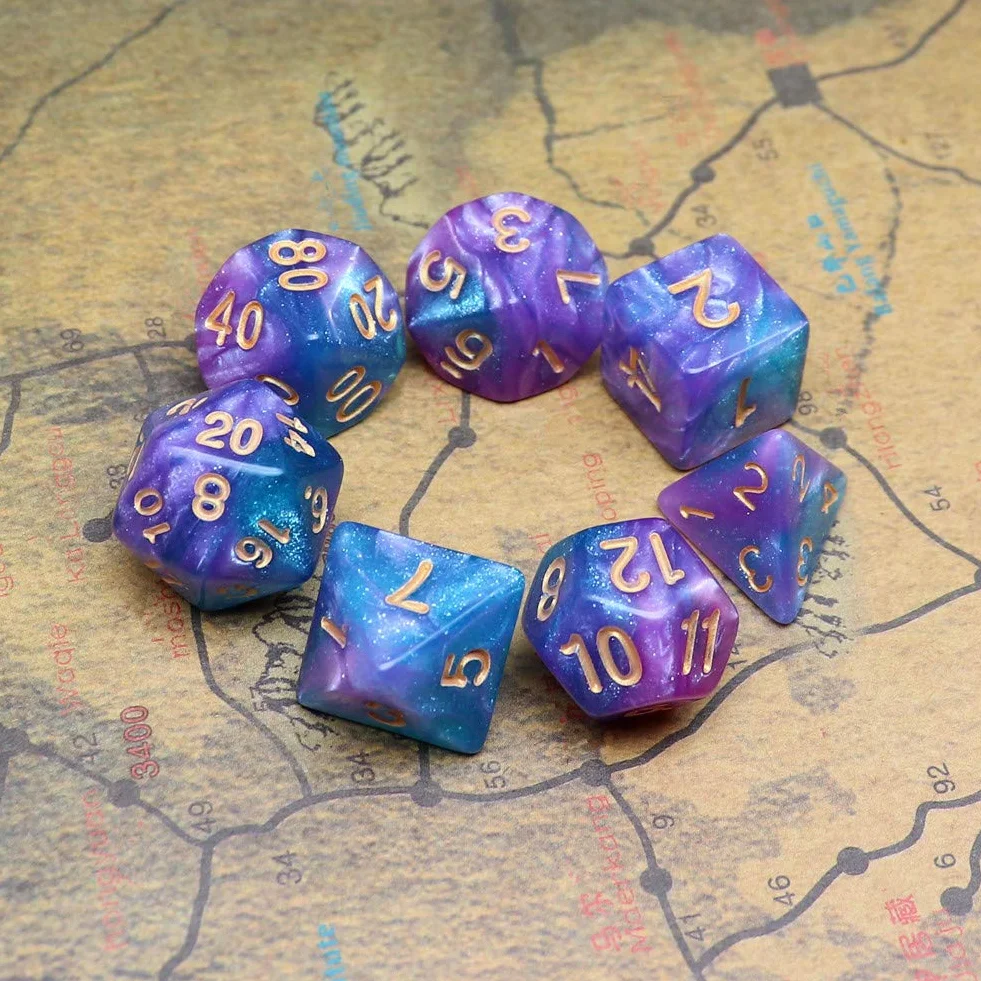 DND - Dados Poliédricos Azul y Morado con Purpurina para Dungeon and Dragons D&D, Juego de Rol y Mesa