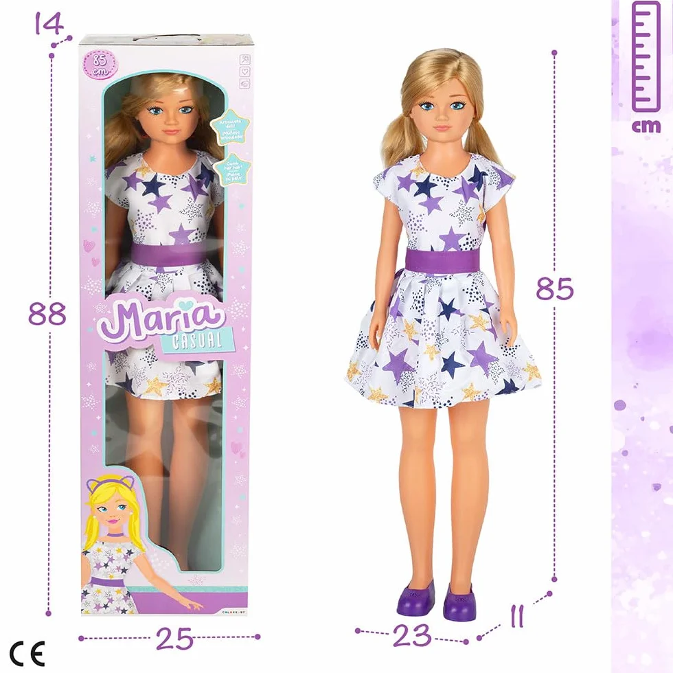 ColorBaby - Muñeca María Grande articulada, 85 cm, Pelo Rubio y Largo, para peinar, Piernas y Brazos articulados, Vestido Estrellas, Ropa con Velcro, Juguetes niños 3 años (47699)