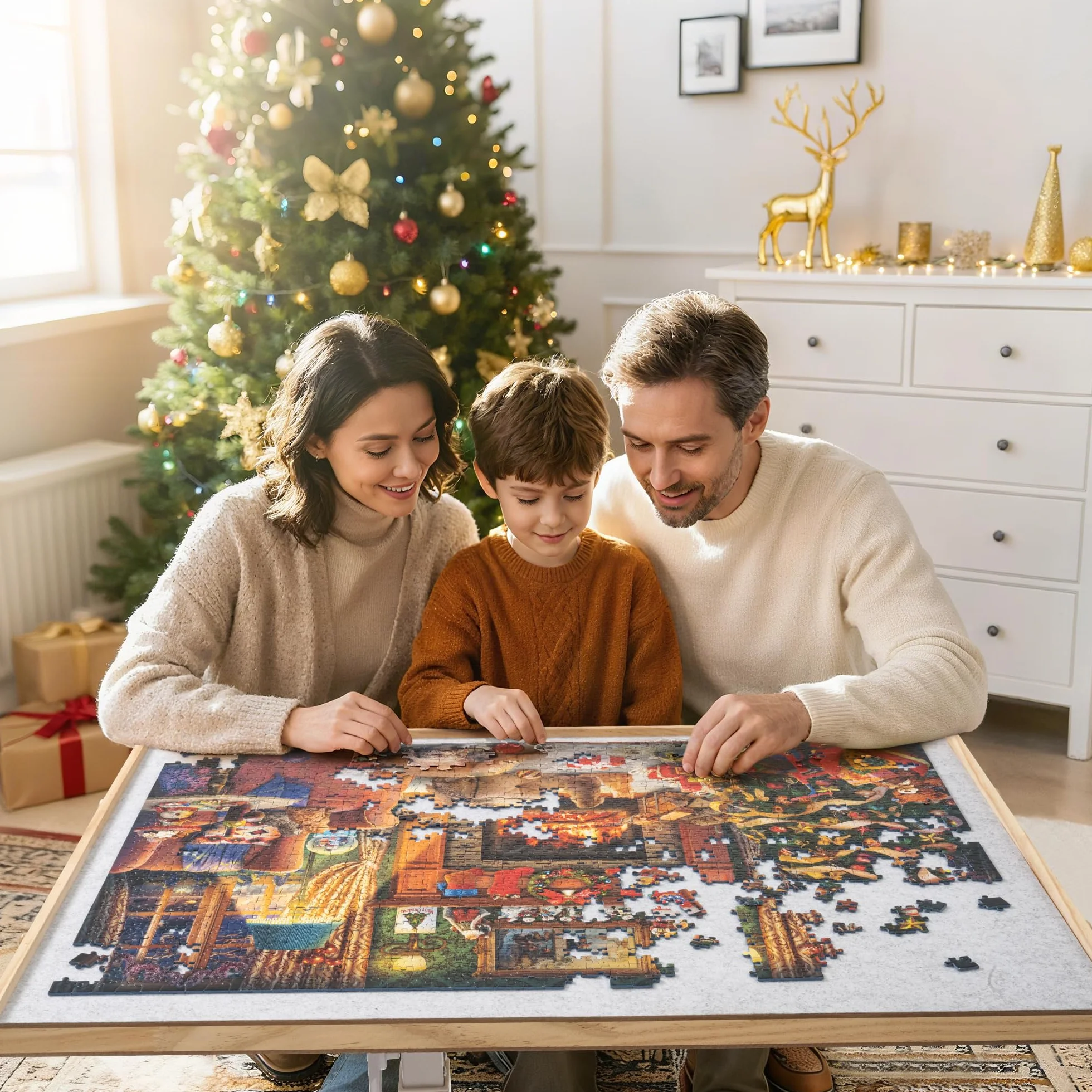 ROPODA Mesa Puzzle de 1500 Piezas, Tablero de Rompecabezas con Ajuste de Ángulo y Altura, Mesa de Rompecabezas con Seis Cajones, Tapa y Cuatro Ruedas, Puzzle Table con Pedestal Único, 89 x 68 cm