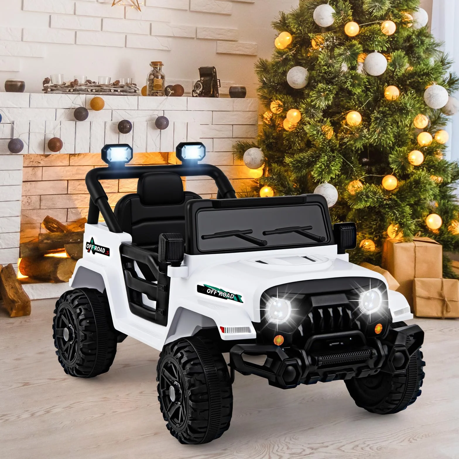 COSTWAY Coche Eléctrico para Niños 12V, Vehículo Todoterreno de Batería con Control Remoto, 3 Velocidades, Luces LED, Música, Bocina y Conexión Inalámbrica, para Niños de 3+ Años (Blanco)
