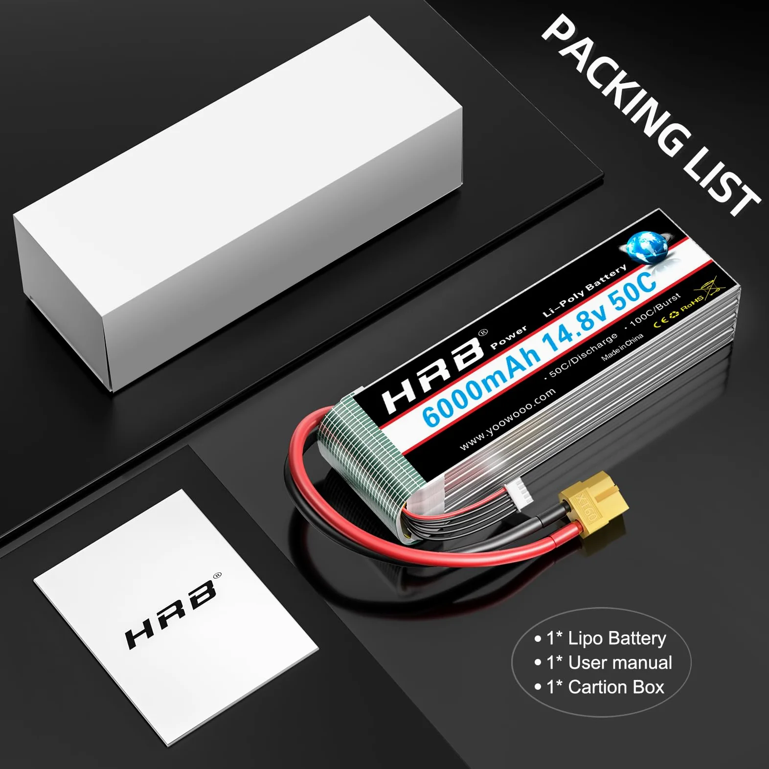 HRB 14.8V 6000mAh 4S Lipo Batería 50C con Enchufe XT60 para Avión RC, Helicóptero RC, Coche RC, Camión RC, Barco RC