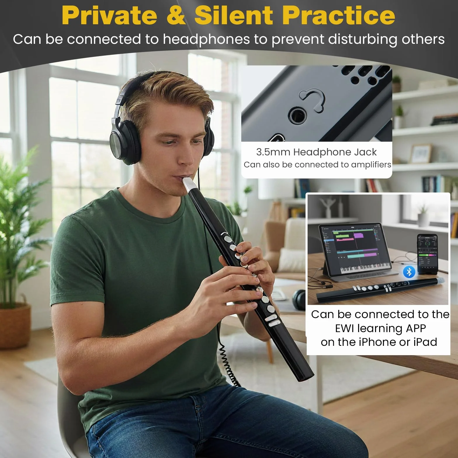 KOMFOTTEU Saxofón Electrónico Digital 13 Tonos 2 Dedos USB MIDI Recargable Portátil