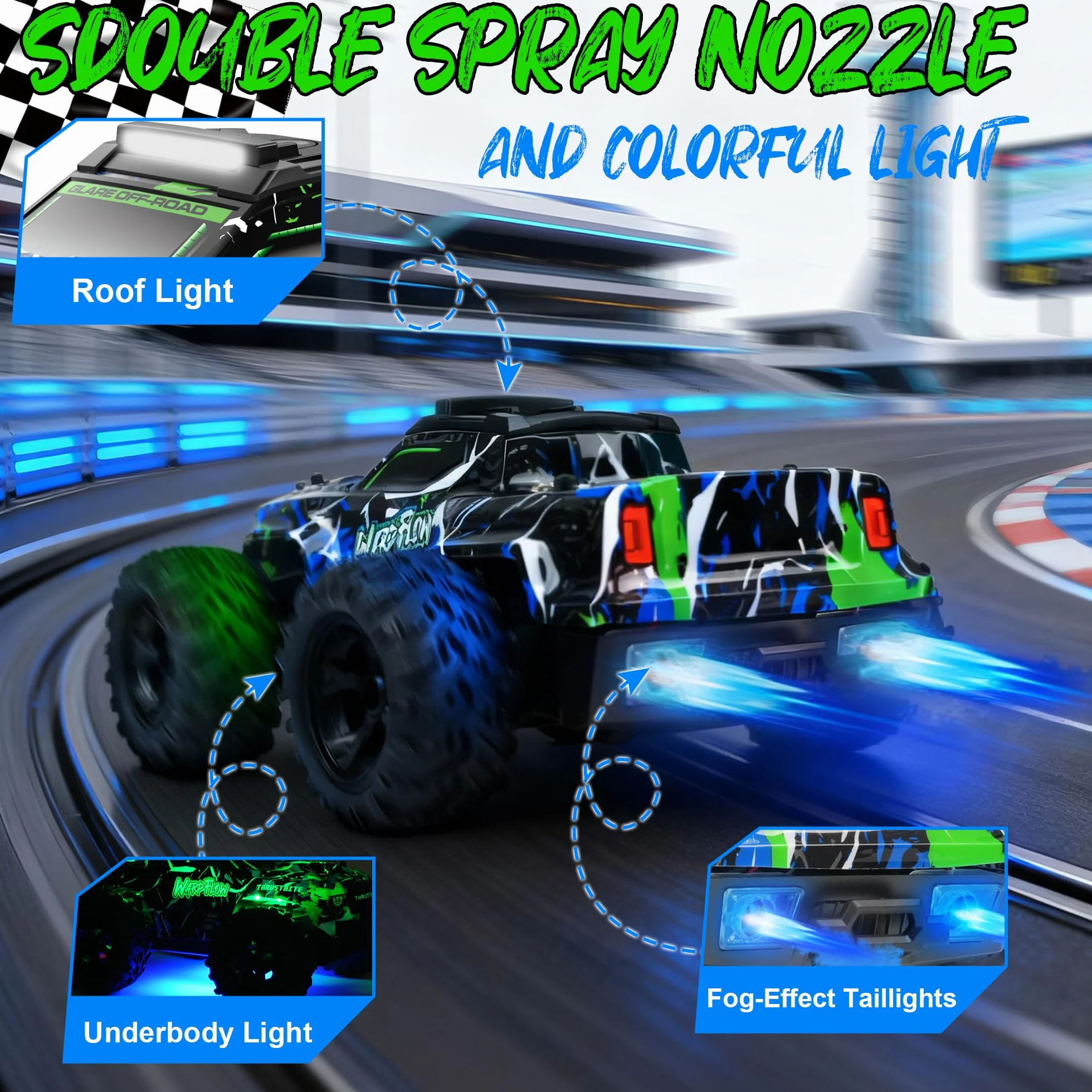 BAZADER Coche Teledirigido Coche RC - 1:18 Coches teledirigidos con Luces Led, 25 Km/H Remote Control Car con Pulverizador 2,4 GHz Todoterreno 2 Baterías Recargables 60min Play, para NiñOs Y Adultos
