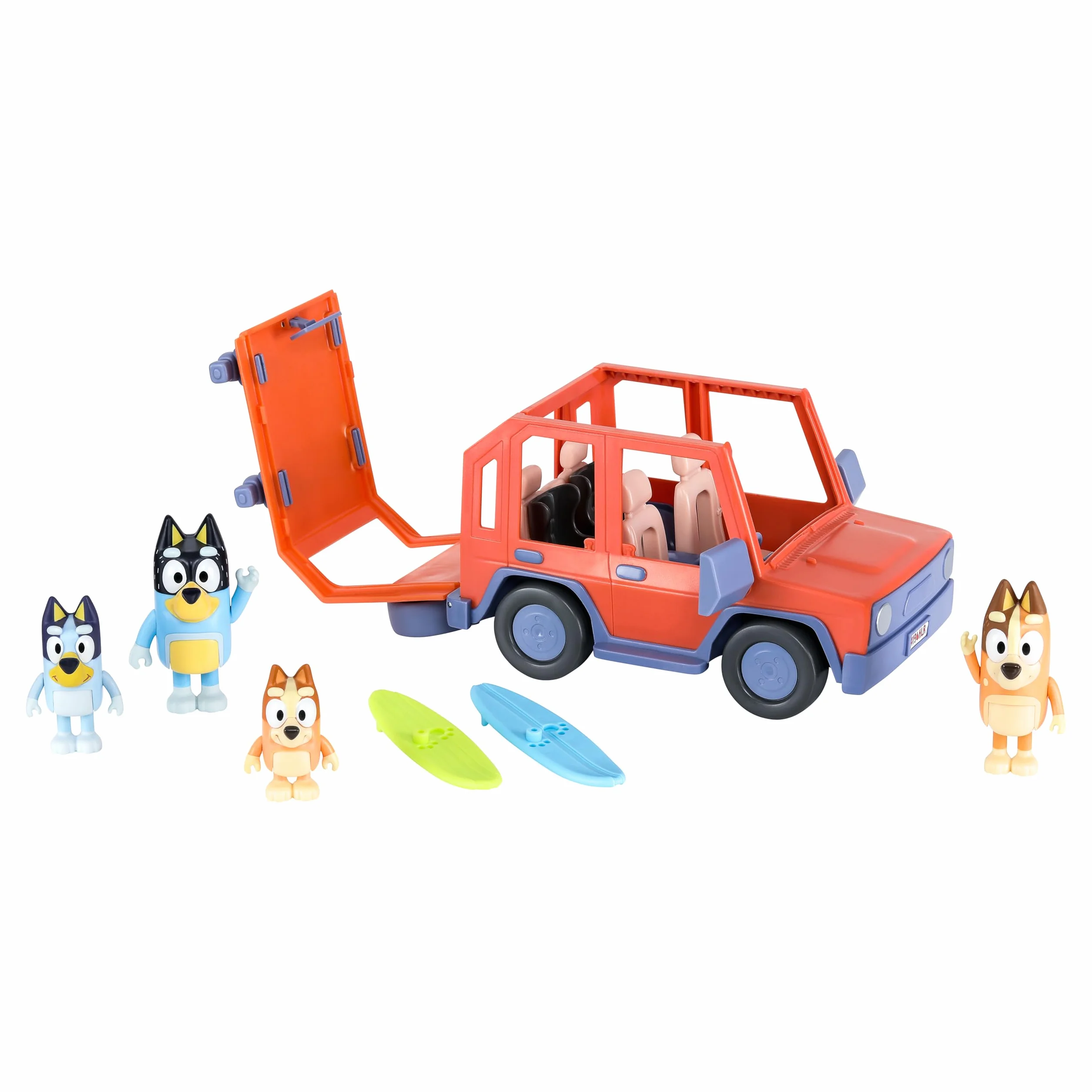 Bluey Pack del Todoterreno Familiar de los Heeler y 4 Figuras, Figuras de 6,3 cm, 2 Tablas de Surf y Pegatinas