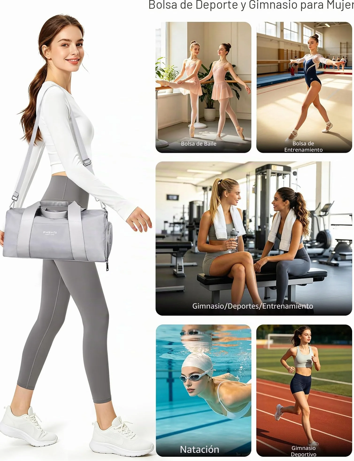 Bolsa de Deporte Pequeña para Mujeres, Niñas y Niños, Fitness, Entrenamiento, Baile, Ballet, Natación con Zapatero Independiente y Bolsillo Impermeable, Gris, 40x19x20 cm, 15L
