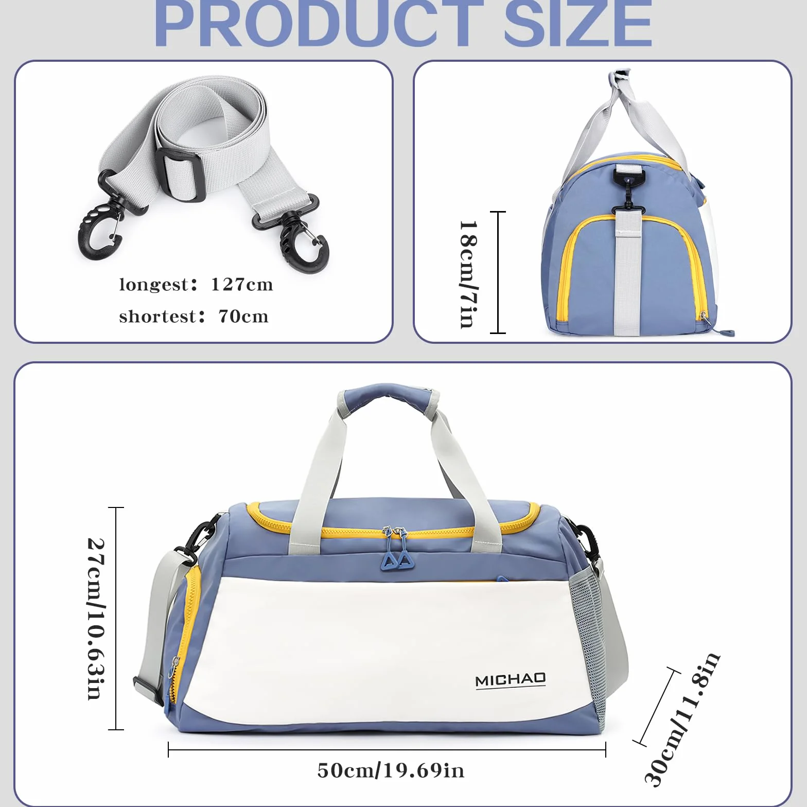 Bolsa Deporte Mujer Grande con Compartimento Zapatos y Mojado, Bolsa Viaje Mochila Gimnasio, Blanco+Azul