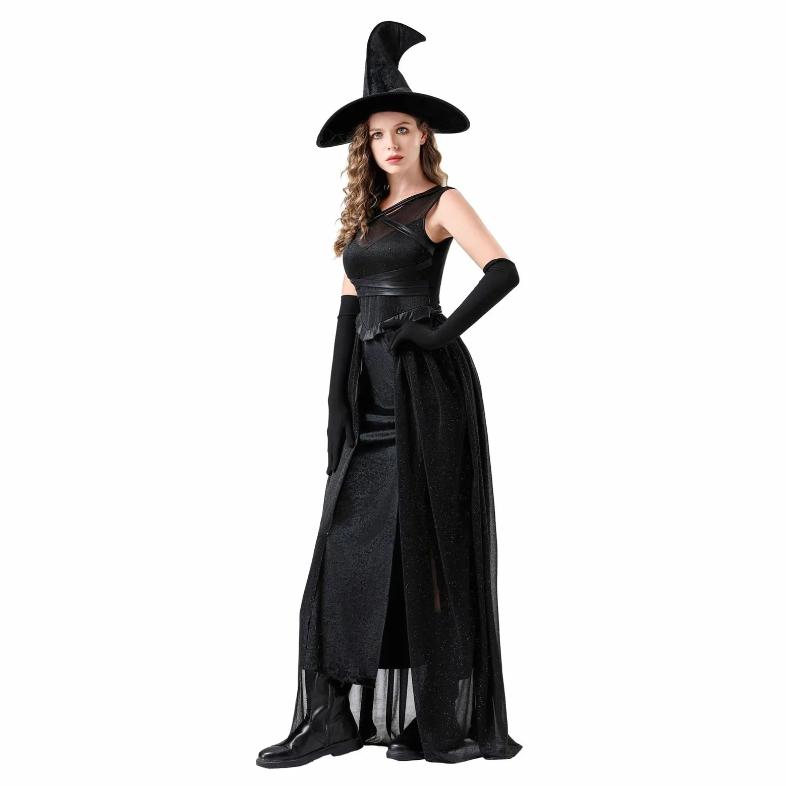 Generisch Disfraz de Halloween para mujer, disfraz de bruja sexy, disfraz de cosplay, capa de bruja, negro, medias de red, carnaval, disfraz de bruja, juego completo, sombrero de bruja, disfraz de