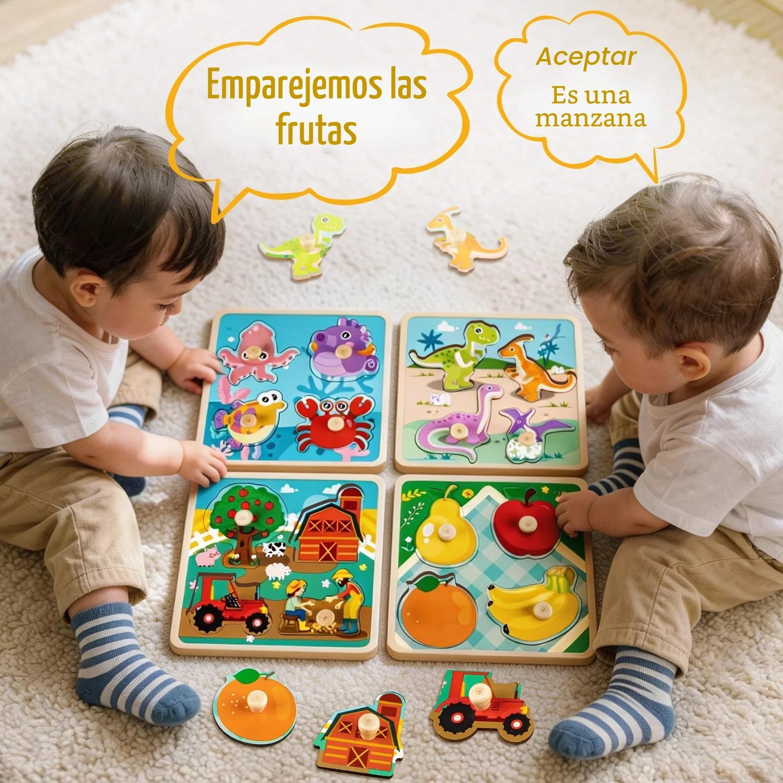 Puzzle Madera 1 2 Año 4Pcs Puzzles Infantiles de Madera con Mango Juguetes Montessori Bebe Rompecabezas Educativos
