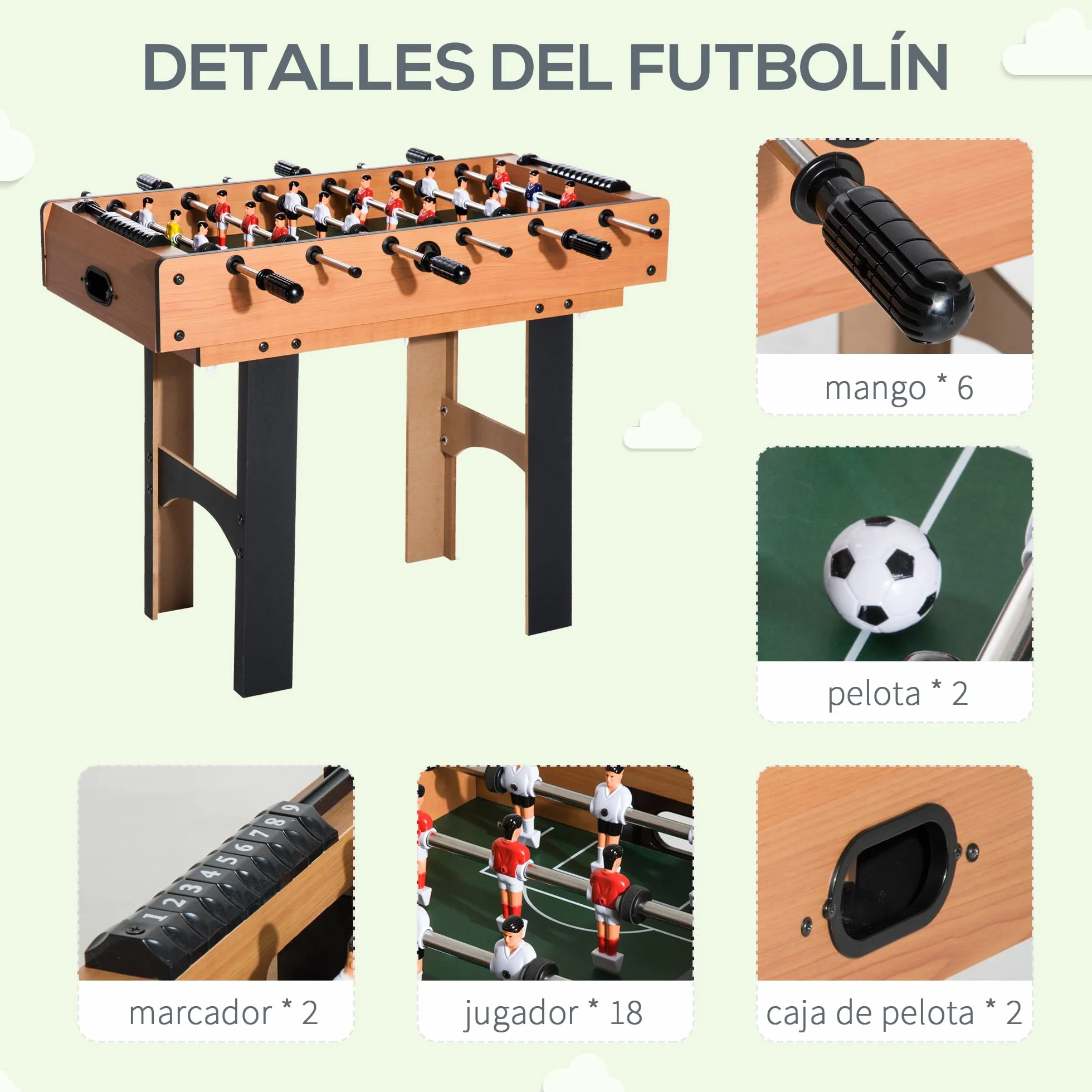 HOMCOM Mesa Multijuegos 4 en 1 para Niños +6 Años Mesa de Juego con Futbolines, Mesita de Billar y Ping-Pong 92x78x80 cm Natural y Negro