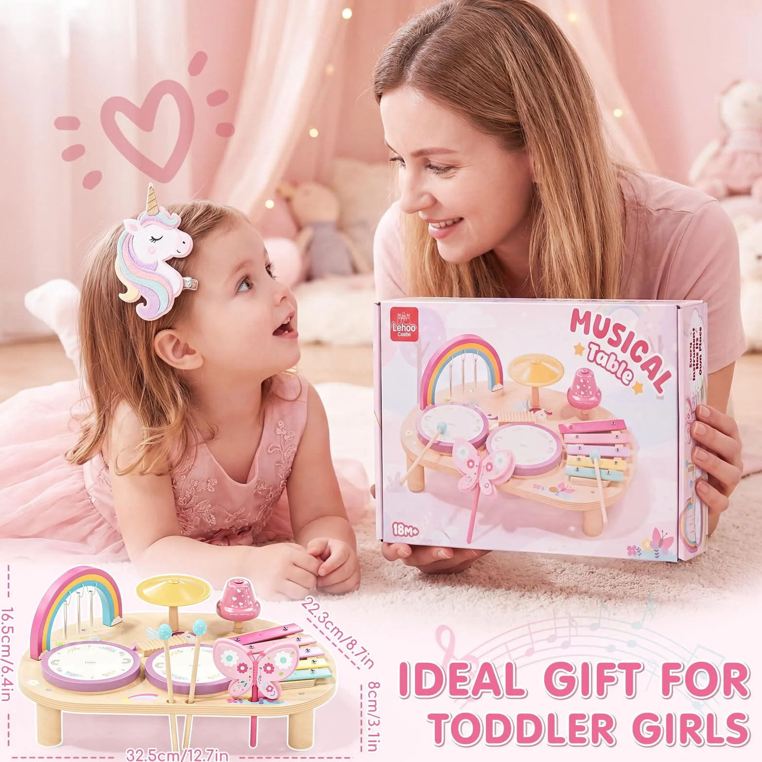 Lehoo Castle Montessori Juguetes 1-3 Niños, Bebe Tambor Bateria Infantil, 9 IN 1 Instrumentos Musicales Brinquedos Juguetes de Mader Regalo Brinquedos Niño Niña 2 3 4 5 Años (Unicornio)