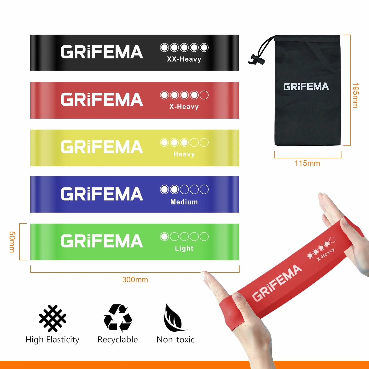 GRIFEMA GA5001 Gomas Elásticas Musculación, 5 Niveles de Resistencia, para Yoga, Entrenamientos de Fuerza y Pilates