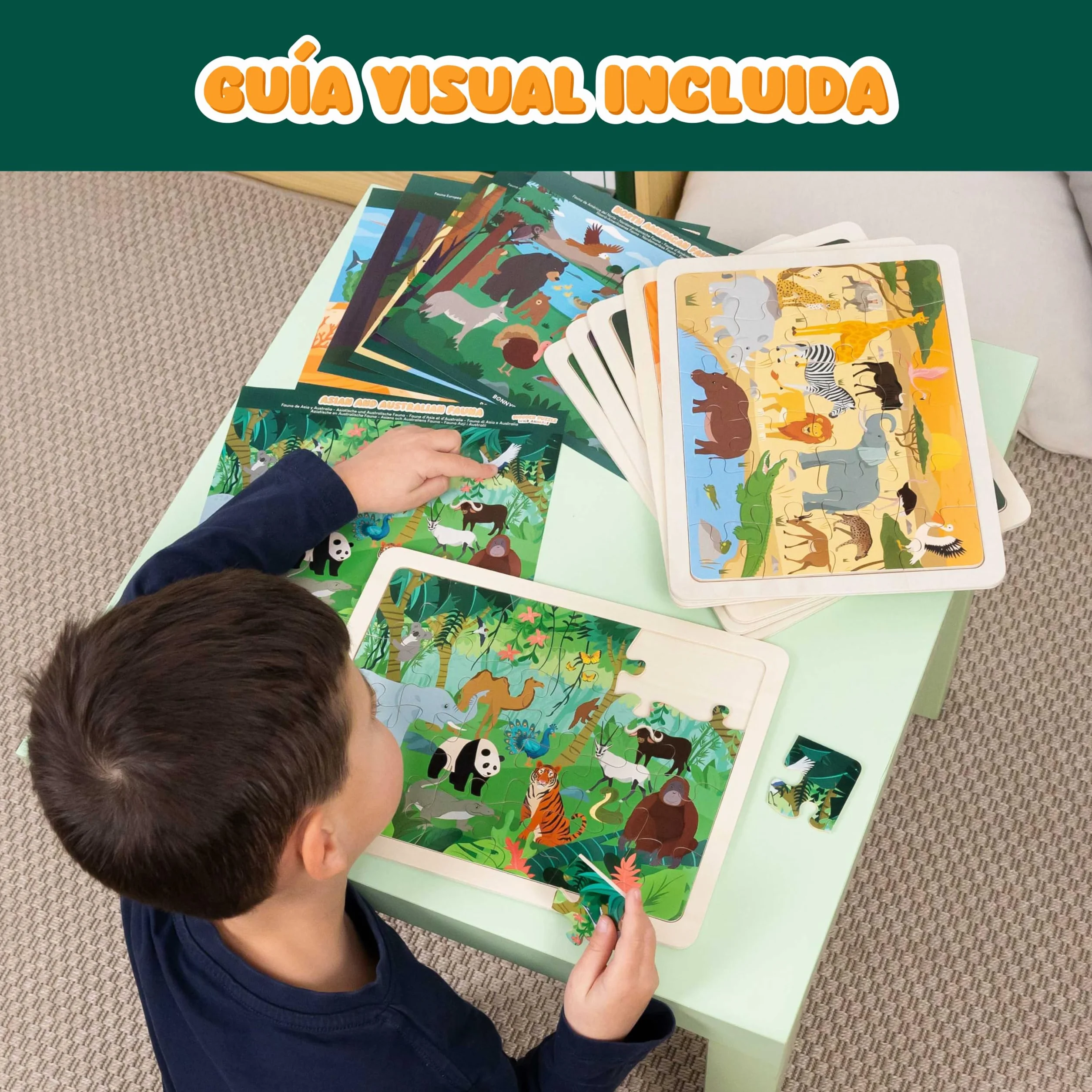 BONNYCO Puzzle Madera para Niños 6 Sets 24 Pcs, Animales Ecosistemas, Juguetes Educativos 3-8 Años