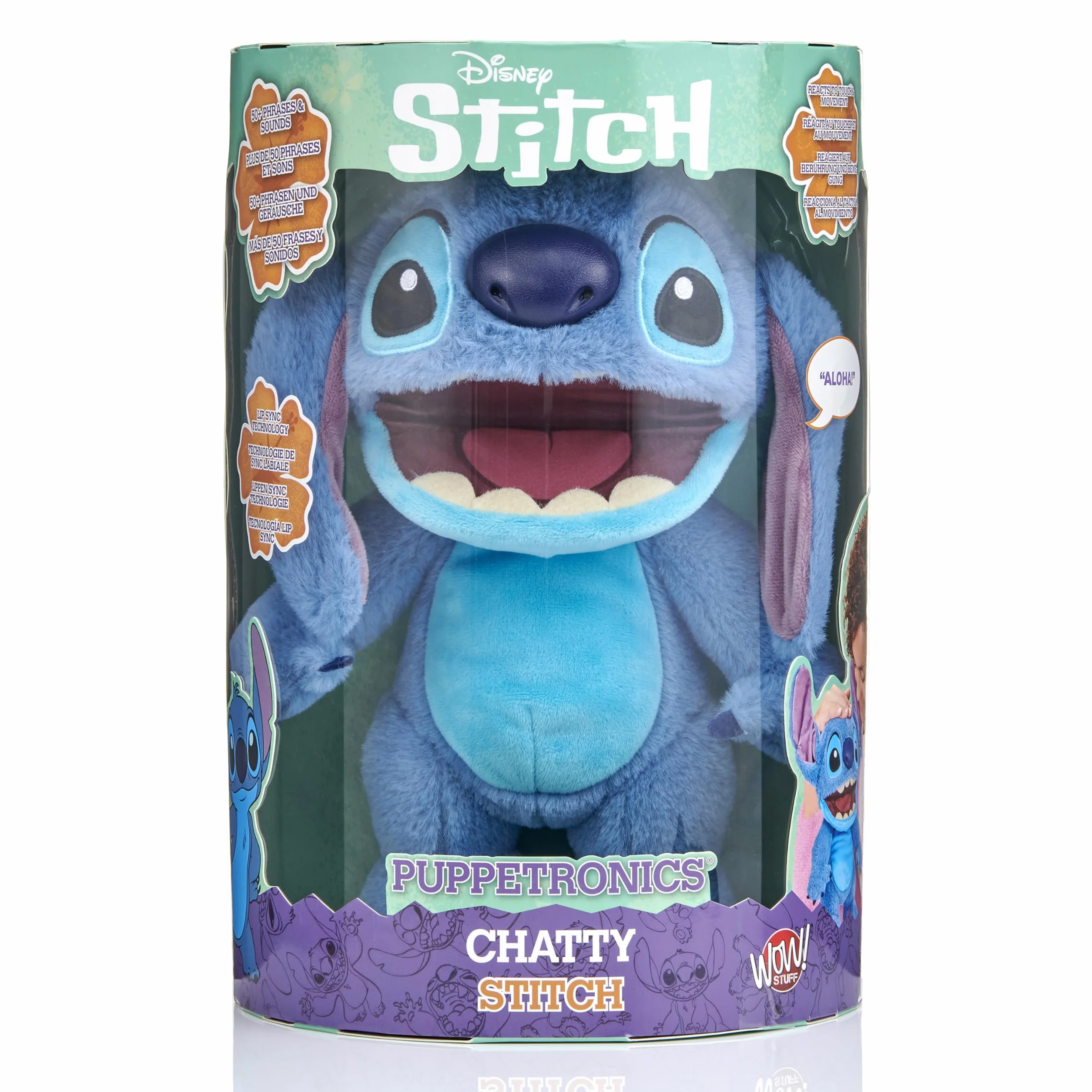 Wow! Stuff Disney Chatty Stitch Deluxe Puppetronic, muñeca animatrónica interactiva con más de 50 Sonidos, Habla y se Mueve, tamaño Aprox. 30 cm, para niños y Adultos