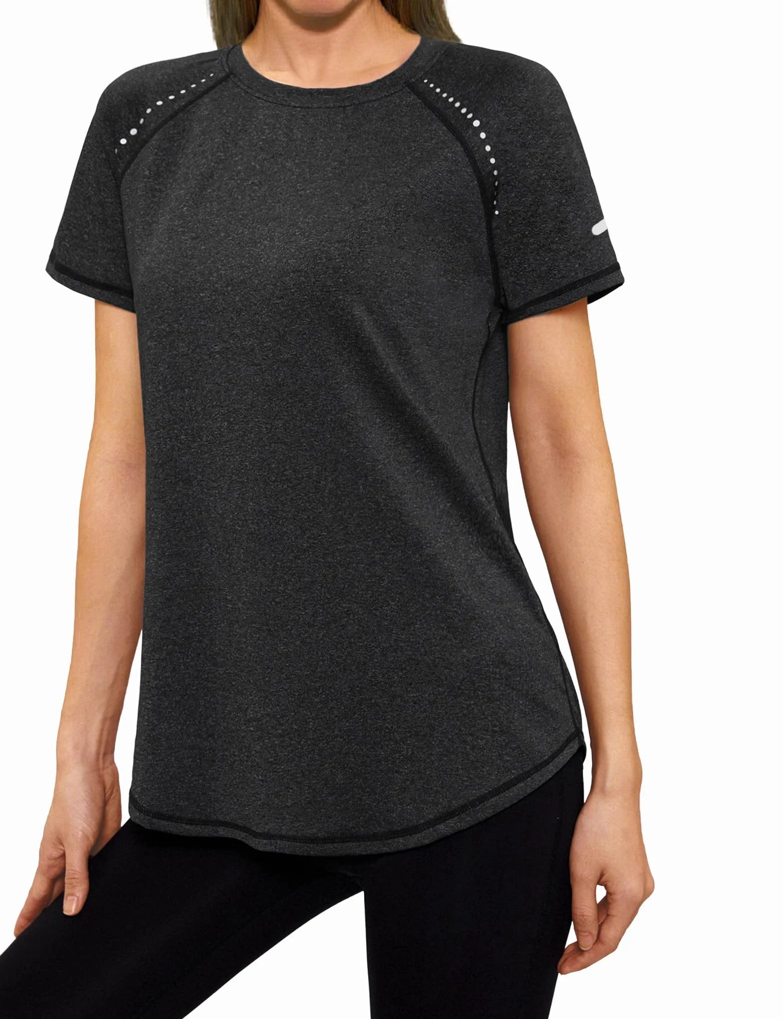 Gyabnw Camiseta Deporte Mujer Manga Corta Cuello Redondo Tira Reflectante Dobladillo Curvo Top Running Yoga Fitness