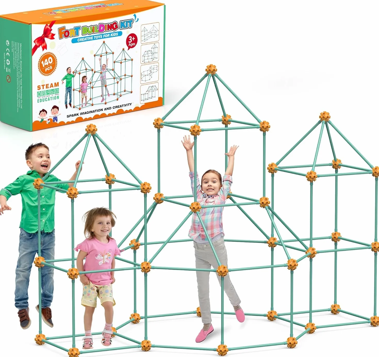 Kit de Construcción Fuertes, DIY Puzzle Casa Juguete, 140Pcs Juguetes Educativos, Bricolaje Construcción, Castillos Túneles, Jugar Tienda de Campaña, Casa Regalo para 3+ Años(Excluyendo paño Suave)
