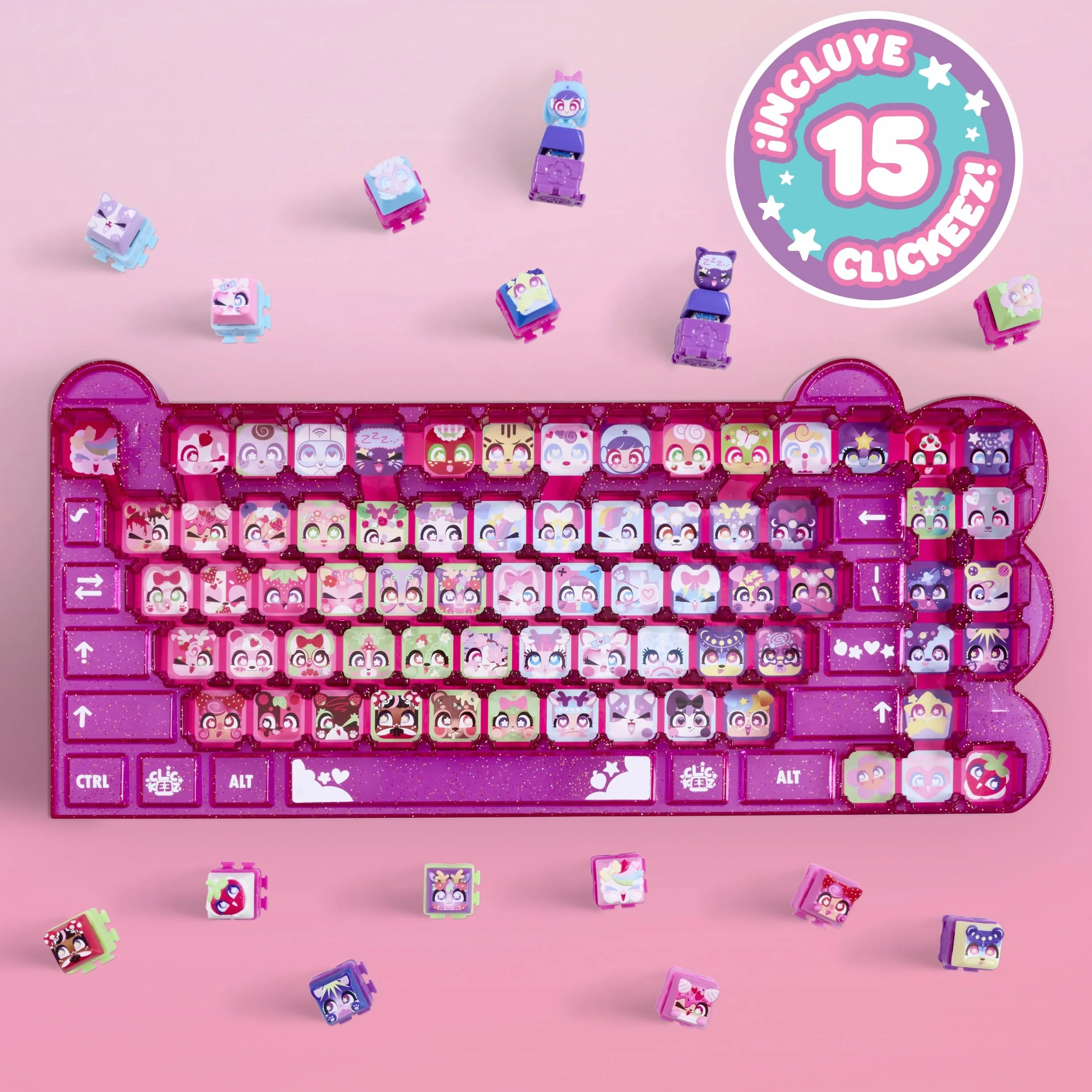 Goliath - CLICKEEZ Keyboard MegaPack - 1 Teclado + 15 Teclas Keycaps Kawaii para Hacer Clic + 1 Llavero - Keycaps para Encajar - 70 Personajes - Juguete Fidget ASMR - Idea de Regalo Desde los 6 años