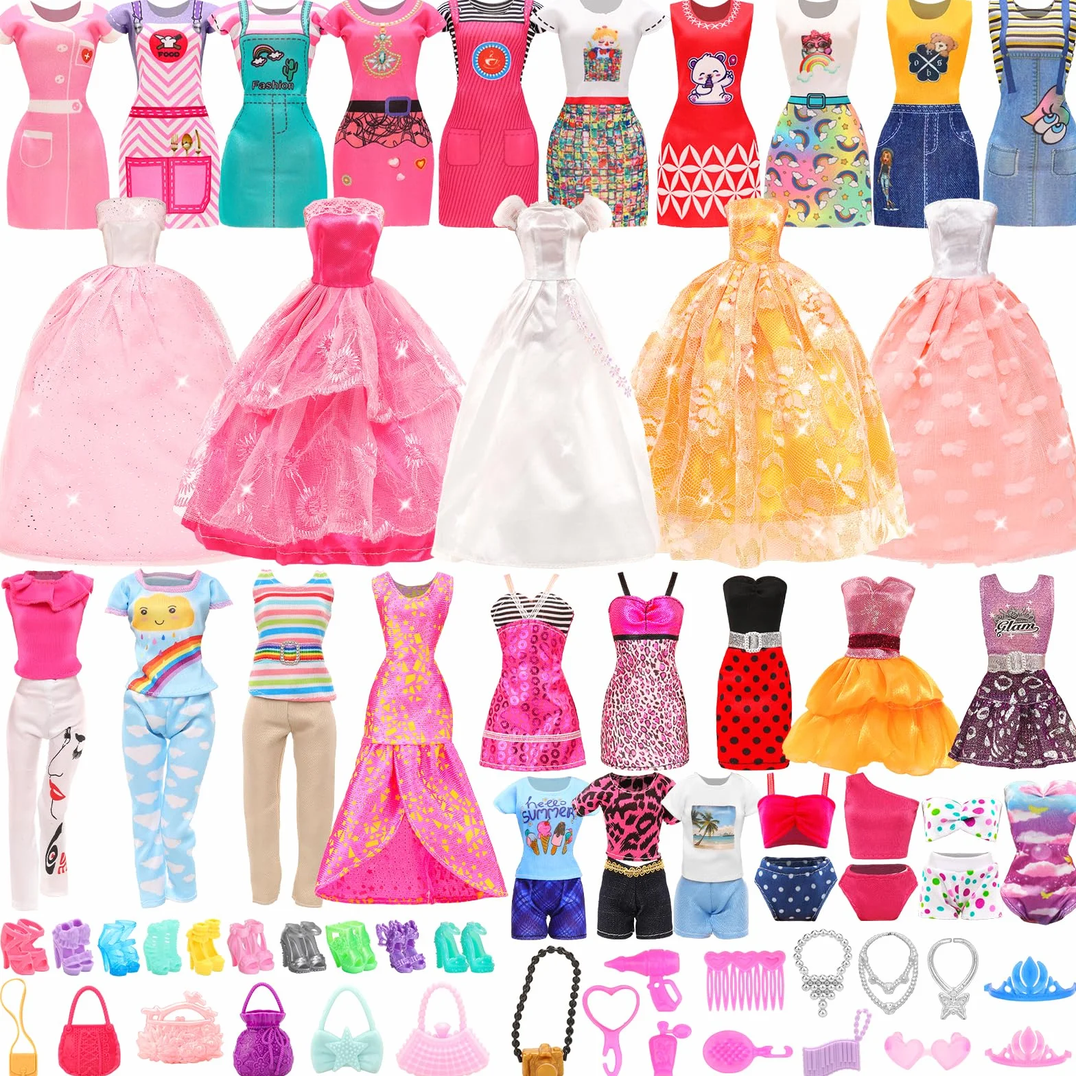 58 Piezas para Muñecas De 11,5 Pulgadas Y 30 Centímetros: 2 Vestidos De Novia + 2 Ropas + 2 Pantalones + 2 Trajes de baño + 12 Vestidos De Moda + 10 PCS (20) Zapatos + 18 Accesorios