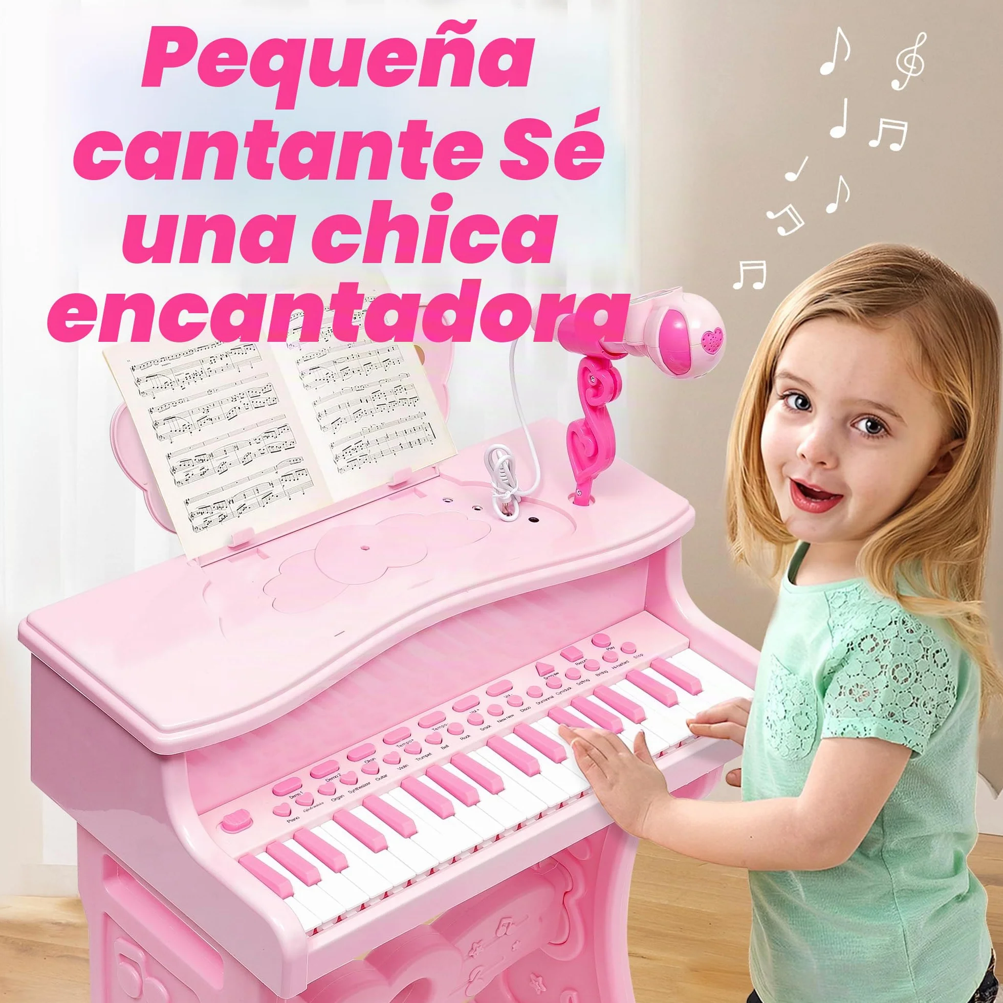 Piano para niños-Instrumento Musical Electrónico con 37 Teclas para niñas,Regalo Juguete Musical Pedagógico con Patas Desmontables,Micrófono,Varios Modos de Música,luz,Taburete (Rosa)