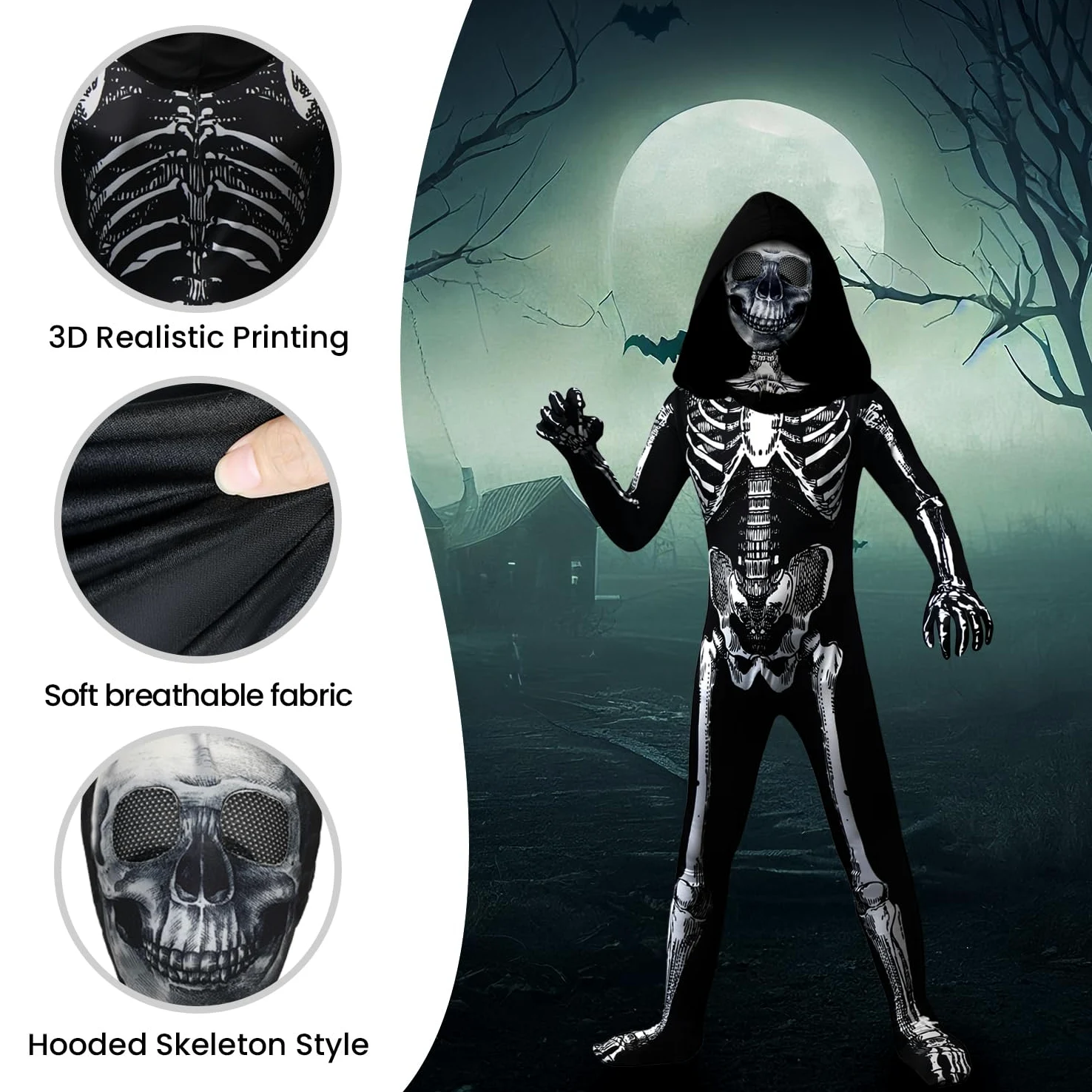 Disfraz de esqueleto de Halloween para niños, disfraz de esqueleto con capucha, huesos con máscara para niños y niñas, disfraz de cosplay de Halloween