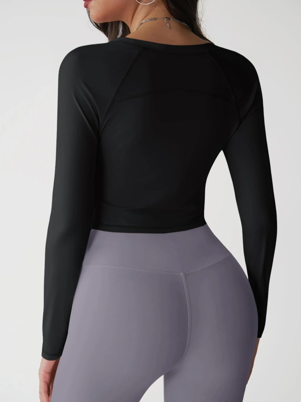 Fisoew Camiseta deportiva mujer UPF 50+ protección solar manga larga cuello redondo yoga entrenamiento crop transpirable ajustada