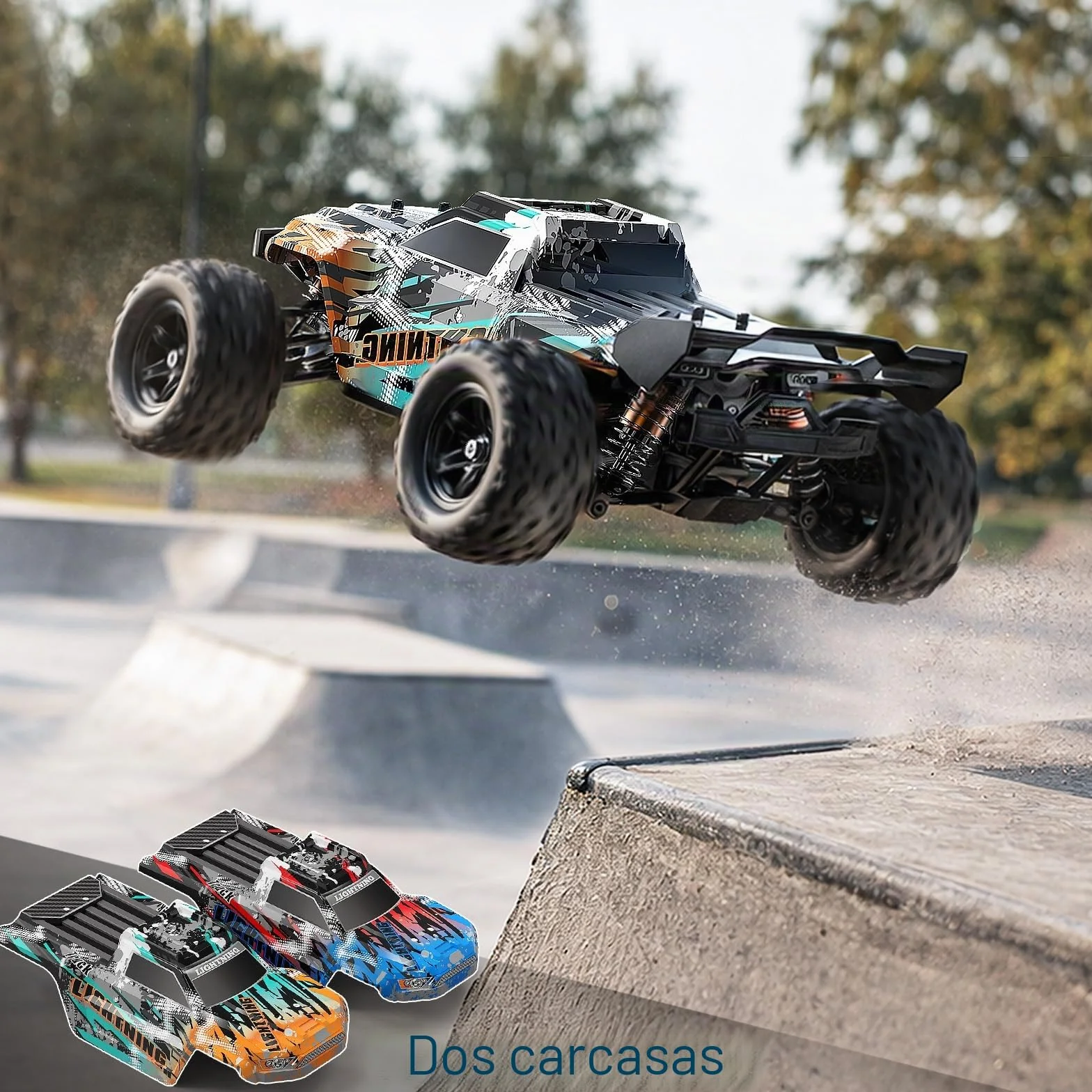 Coche Teledirigido 1:18 4WD 40 km/h Todoterreno 4x4, Coche Radiocontrol con 2 Baterías 7.4V 1300mAh, ESC Impermeable 2.4GHz, Doble Carrocería, Transmisión Metálica para Niños y Adultos