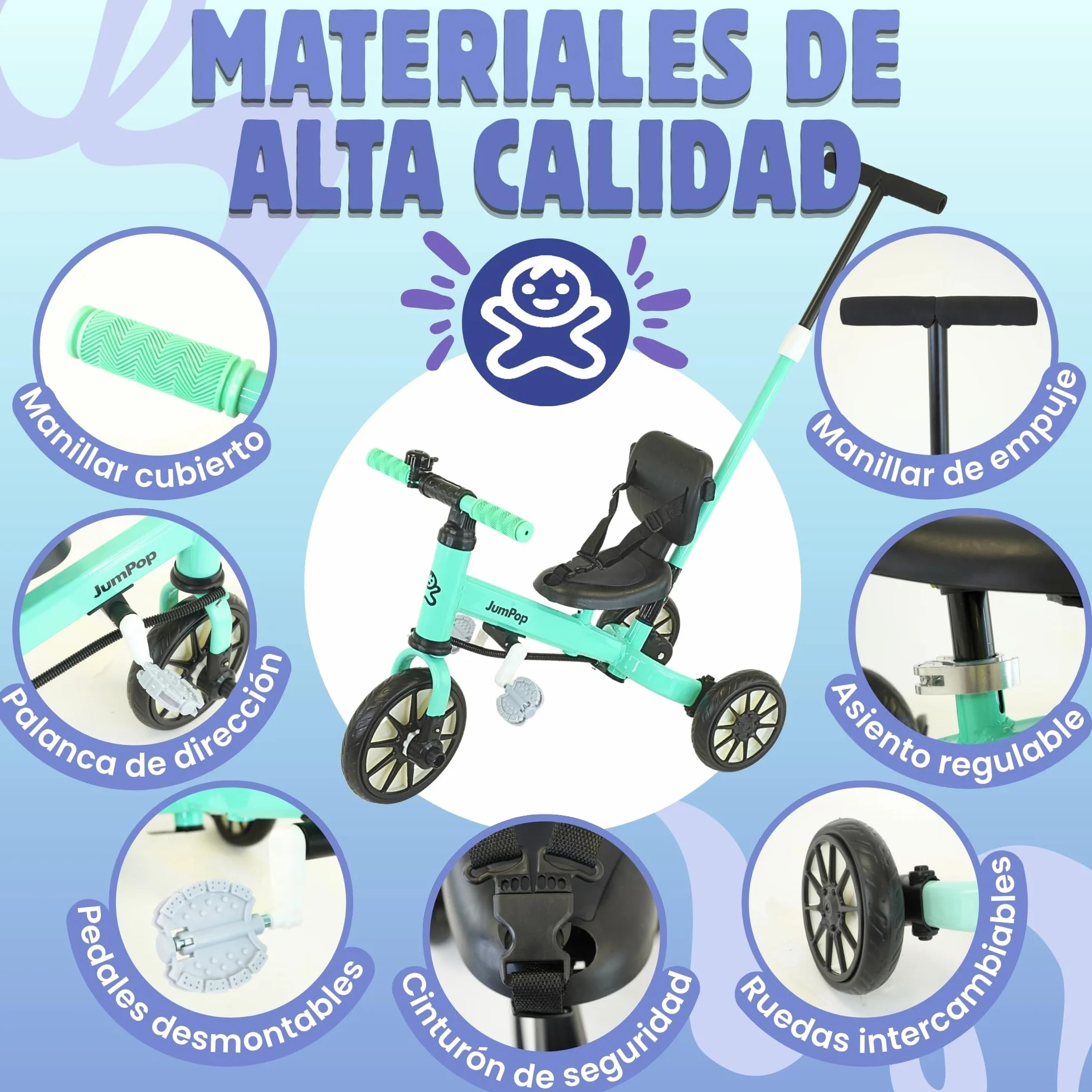 JumPop® Triciclo Evolutivo 5 en 1 + Timbre con Pegatinas y Vídeo Montaje QR incluído | Triciclo Bebe 1 Año a 4/5 Años(Dependiendo del tamaño) con Complementos Divertidos