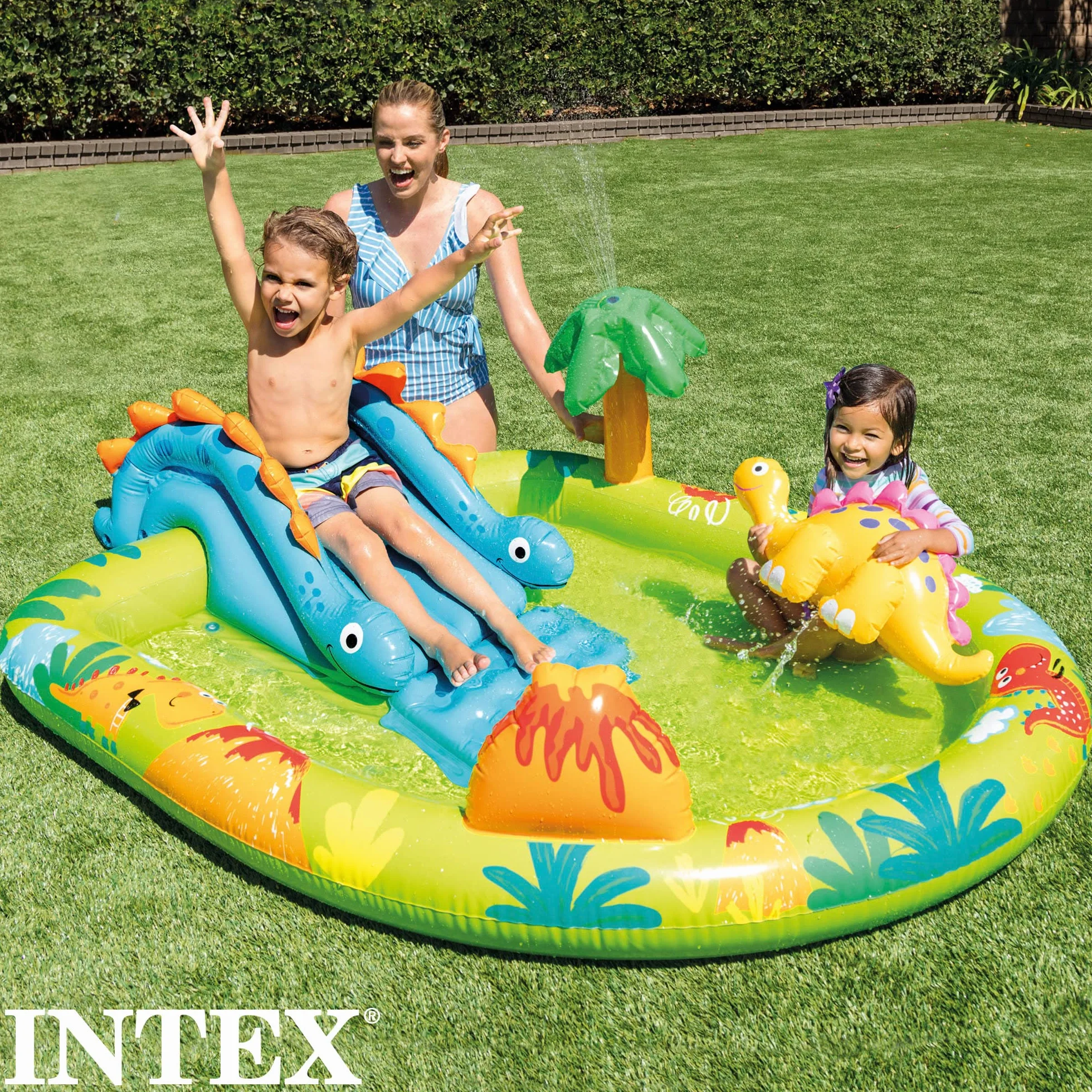 INTEX Piscina infantil hinchable con dispersor de agua y tobogán dinosaurio