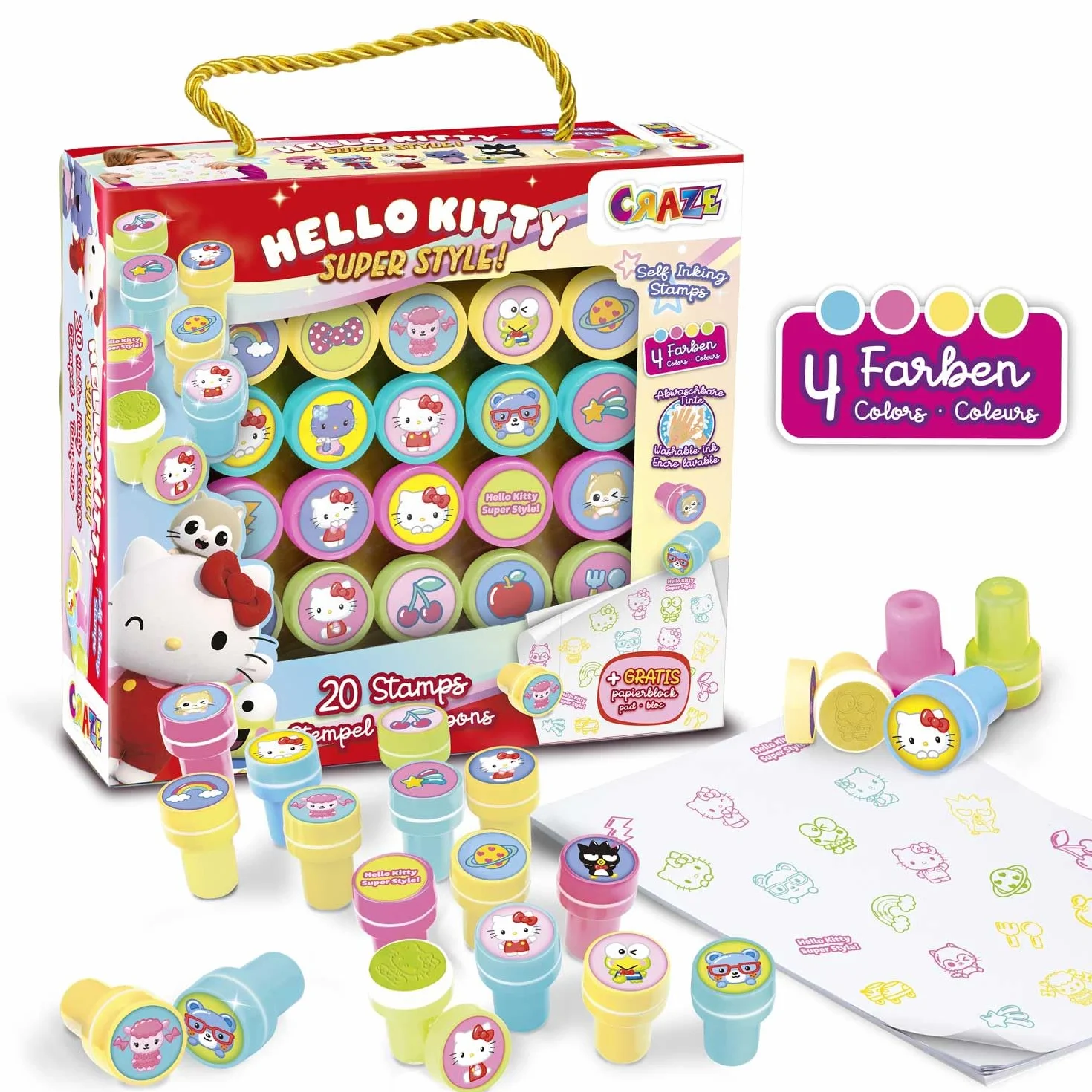 CRAZE 20 Sellos de Goma de Hello Kitty para Niños, Sellos Infantiles de 4 Colores, Incluye Bloc de Notas para Pintar, Tinta Lavable
