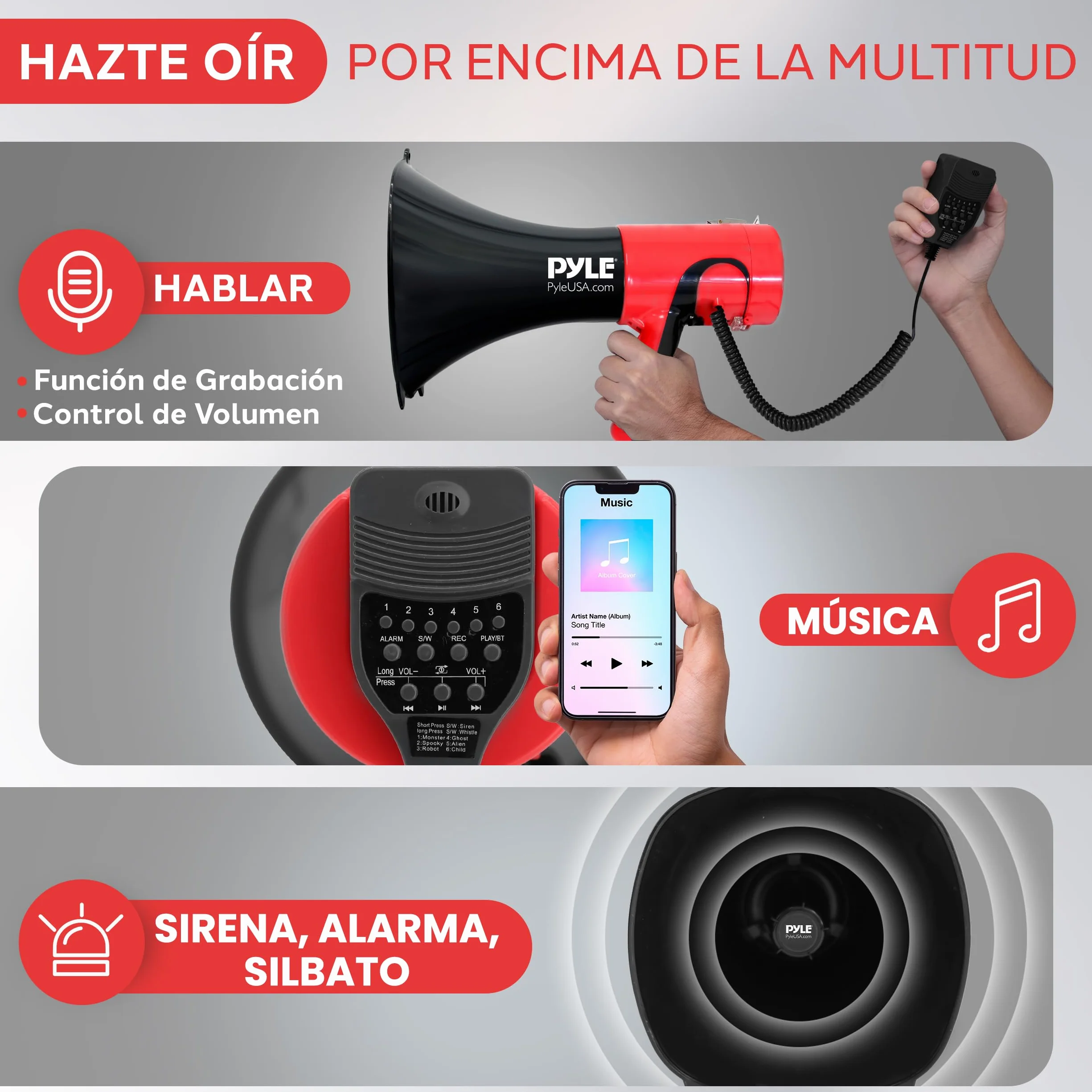 Pyle Megafono Portatil Bocina PA Bluetooth Sirena 1500 Yardas