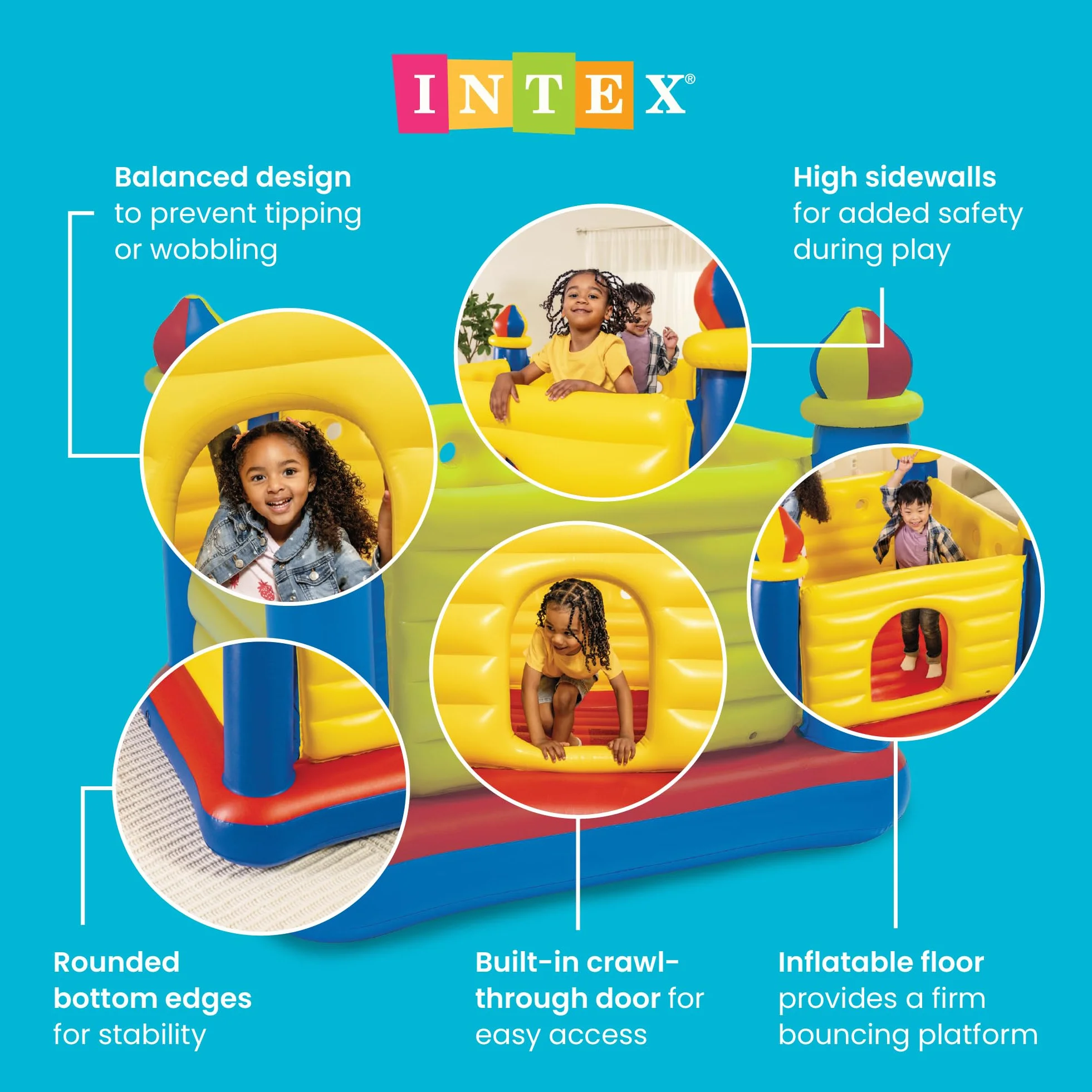 Intex 48259NP - Castillo hinchable INTEX, 175x175x135 cm, suelo hinchable, Para 2 niños, Peso máximo 45 Kg, Color rojo, amarillo y azul, Castillos hinchables infantiles